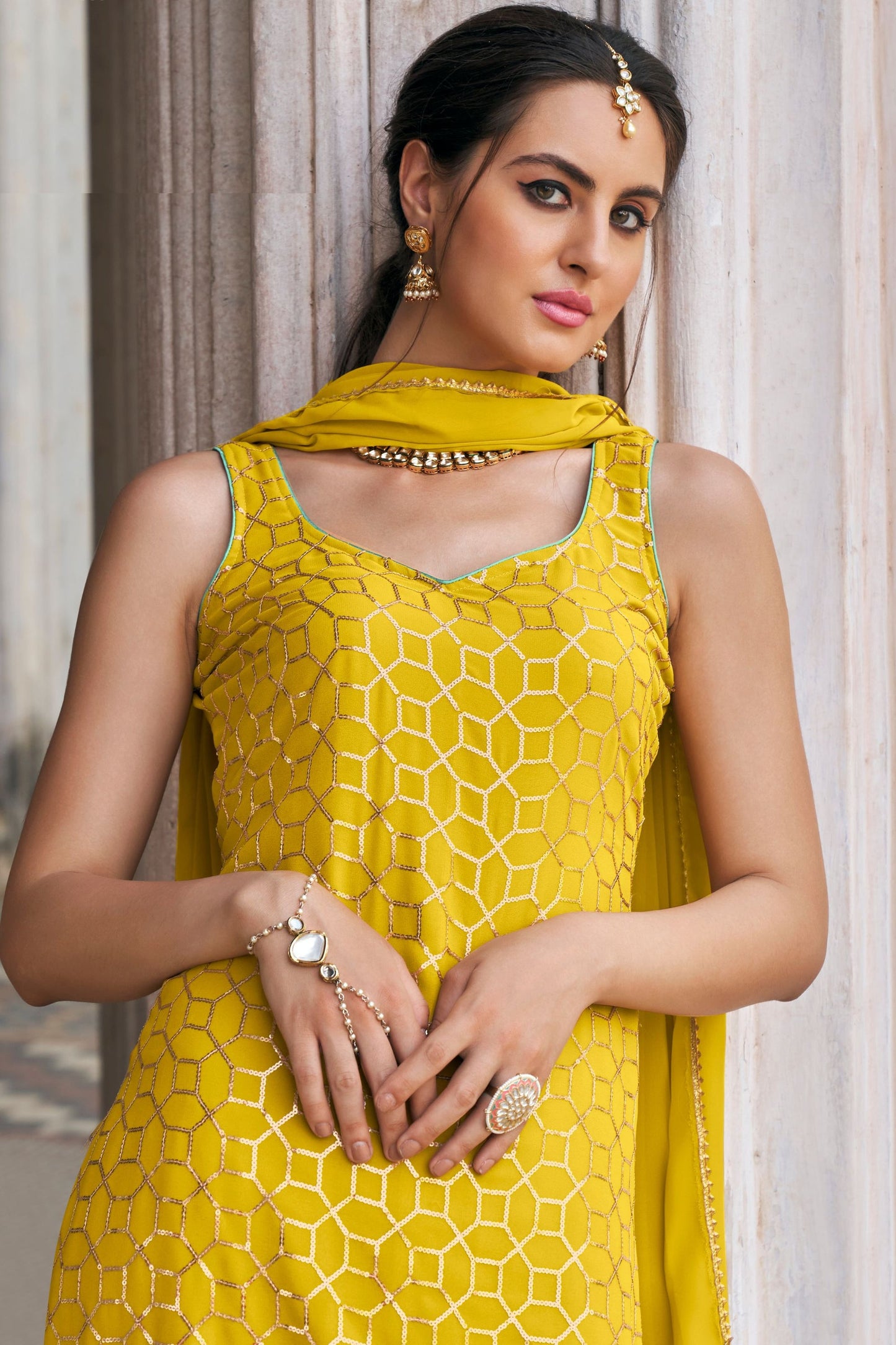Yellow Georgette Sharara Suits