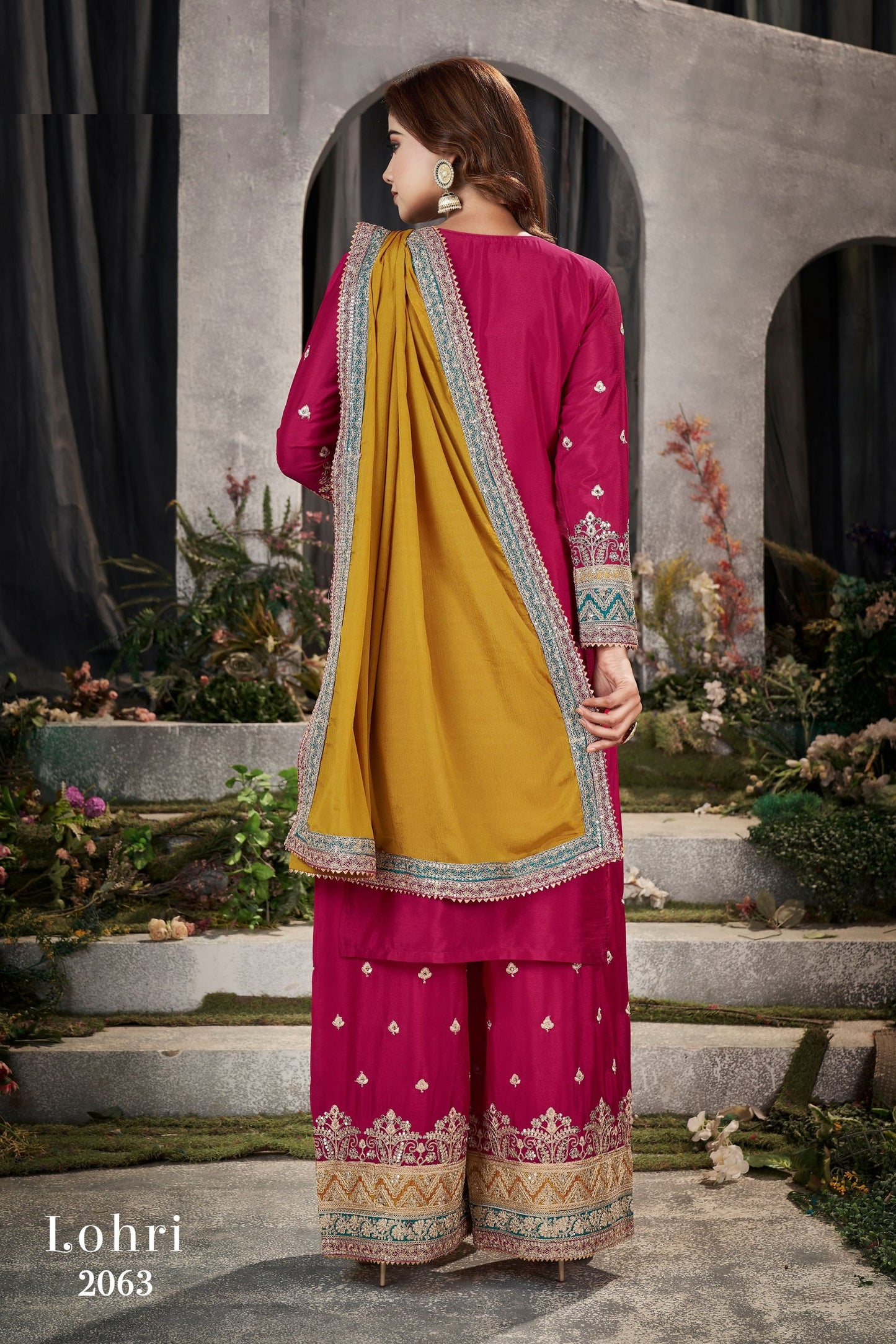 Turquoise Chinon Silk Plazzo Suit - Sequence Embroidery Work, Mirror Work