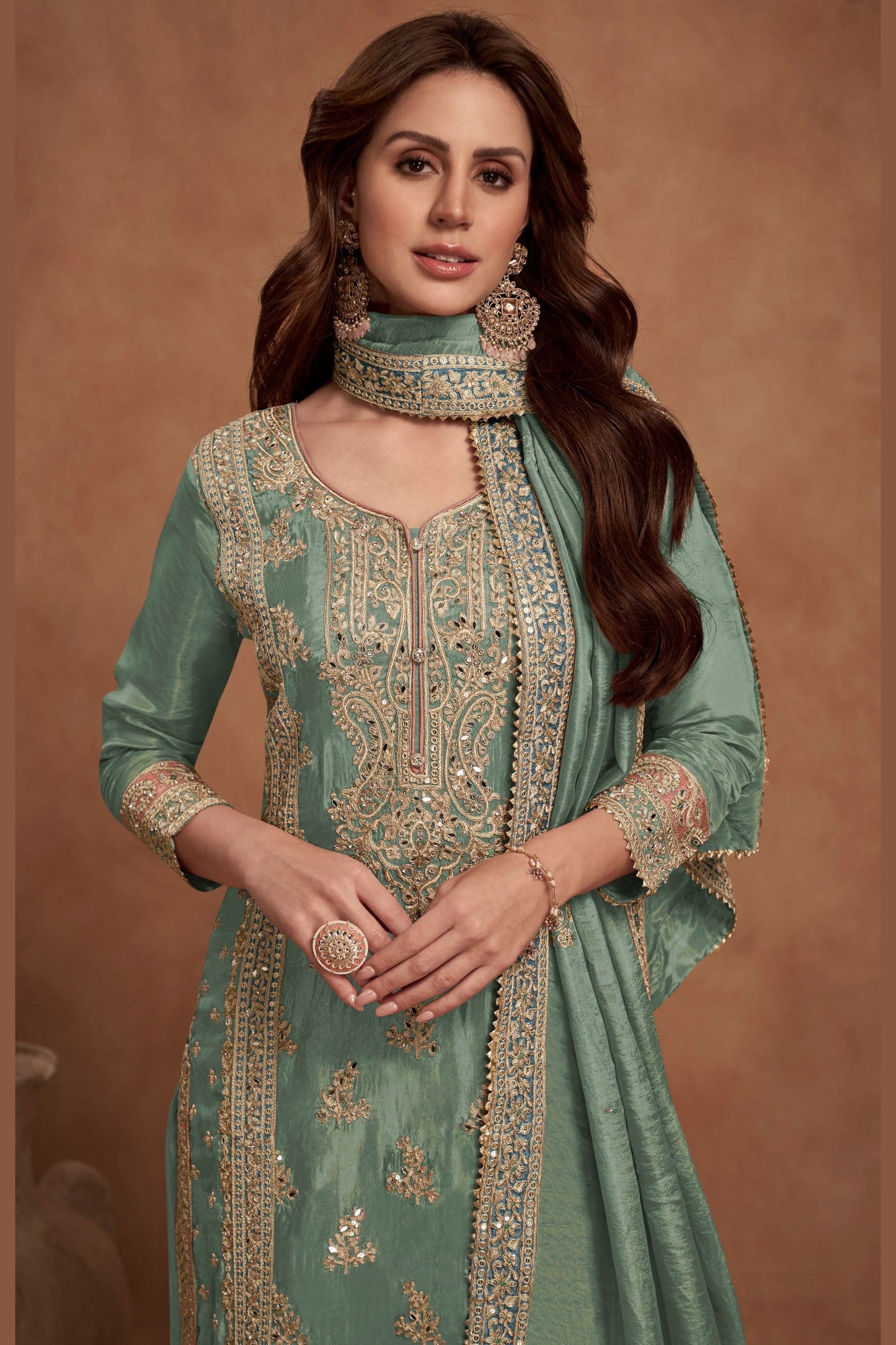 Dusty Green Simmer Silk Plazzo Suit