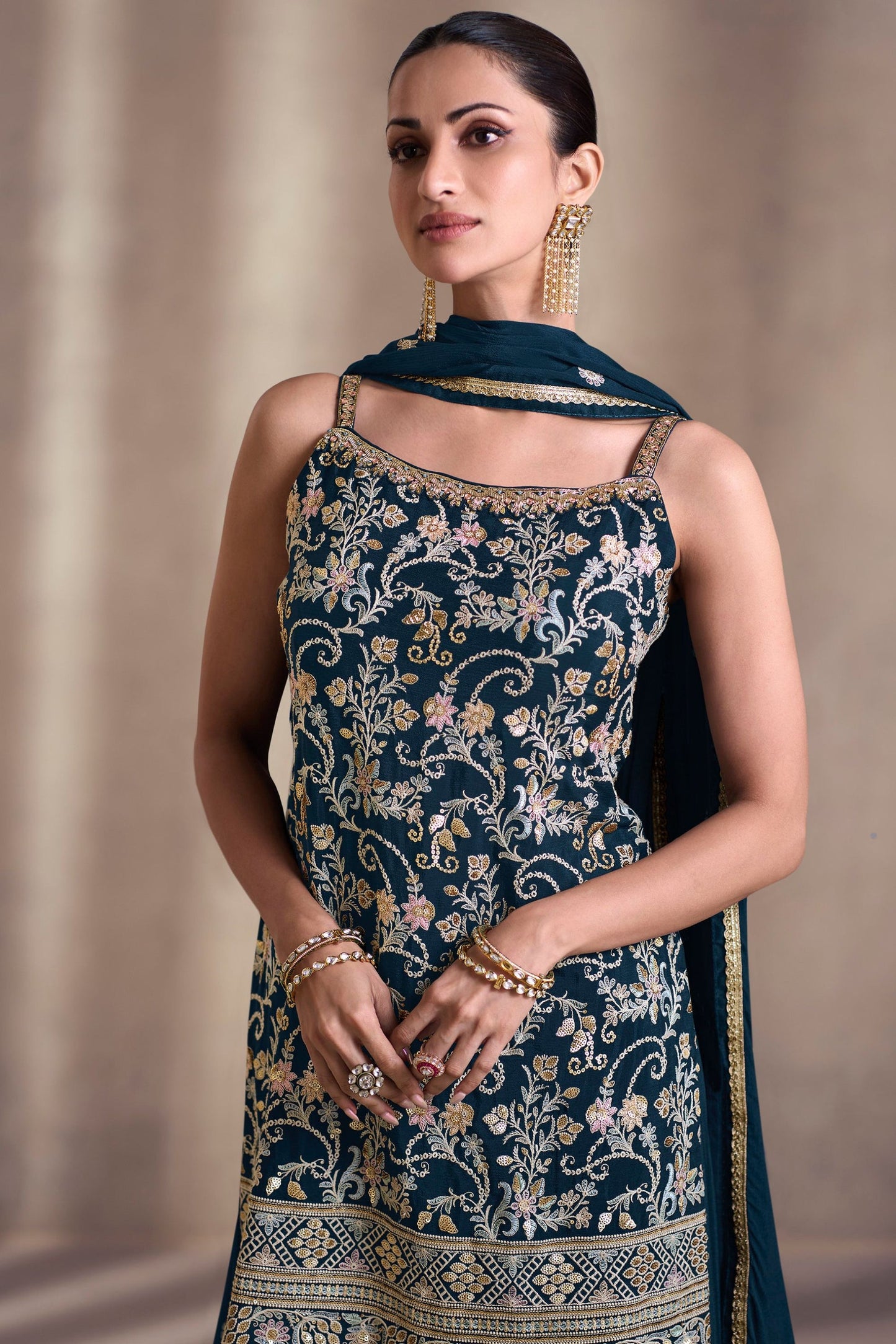 Navy Blue Chinon Silk Palazzo Suits
