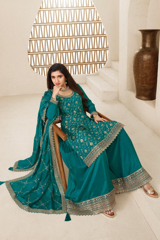 Turquoise Jacquard Silk Plazzo Suit