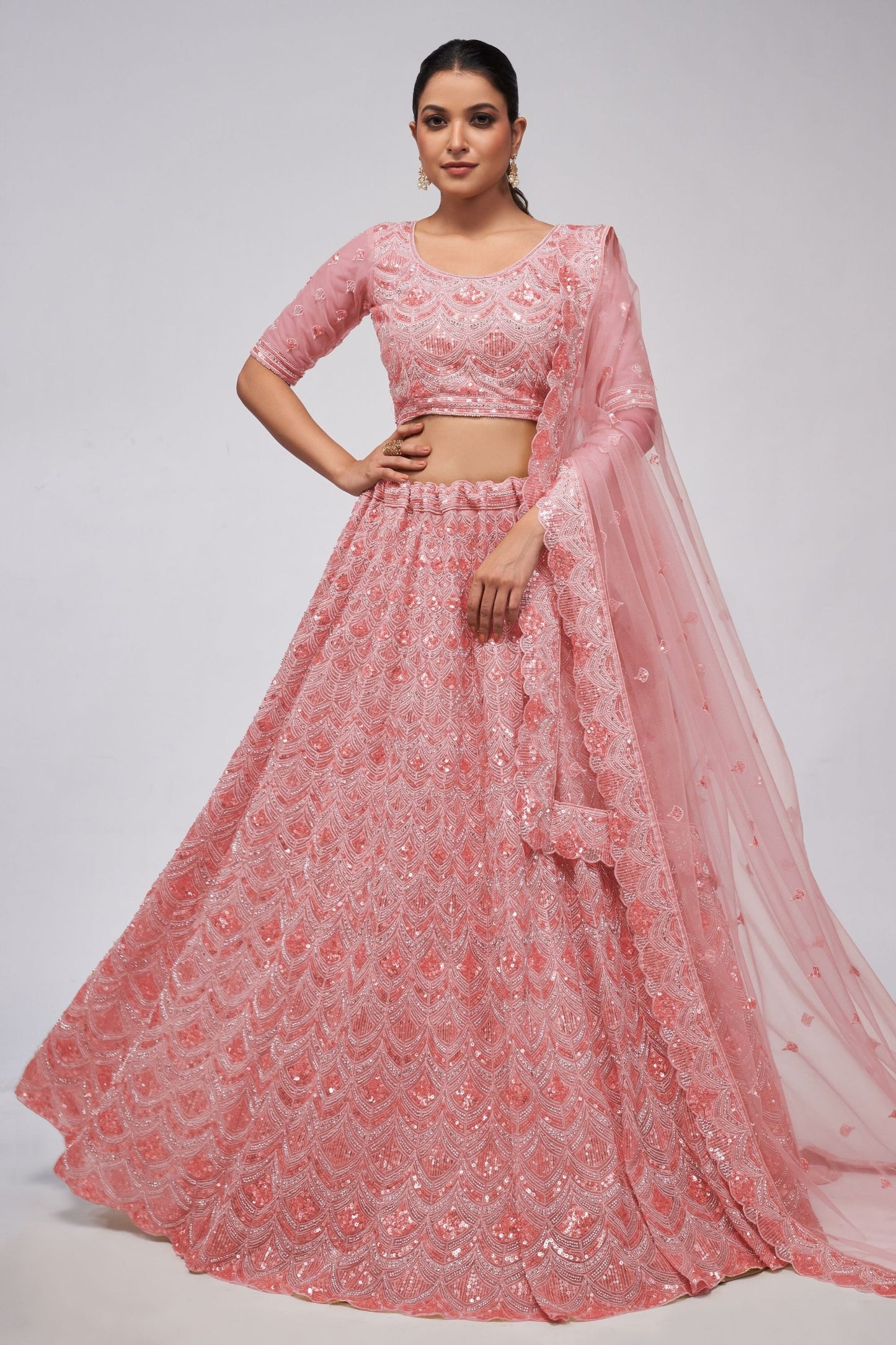 Odette Pink Net Lehenga Choli - Sequence Embroidery Work, Bead Work, Zarkan Work