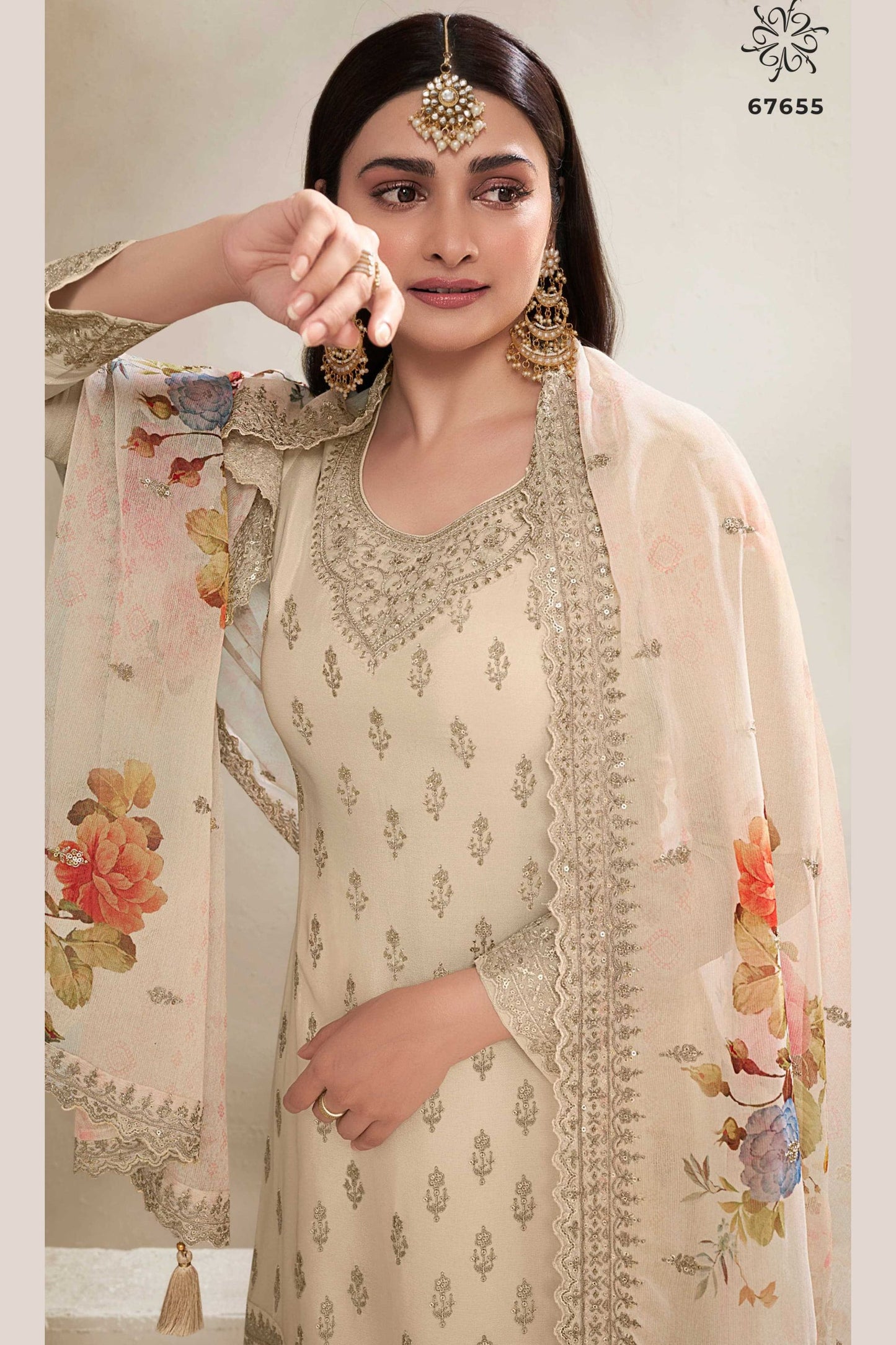 Cream Chinon Silk Palazzo Suit - Embroidery Work, Print Work