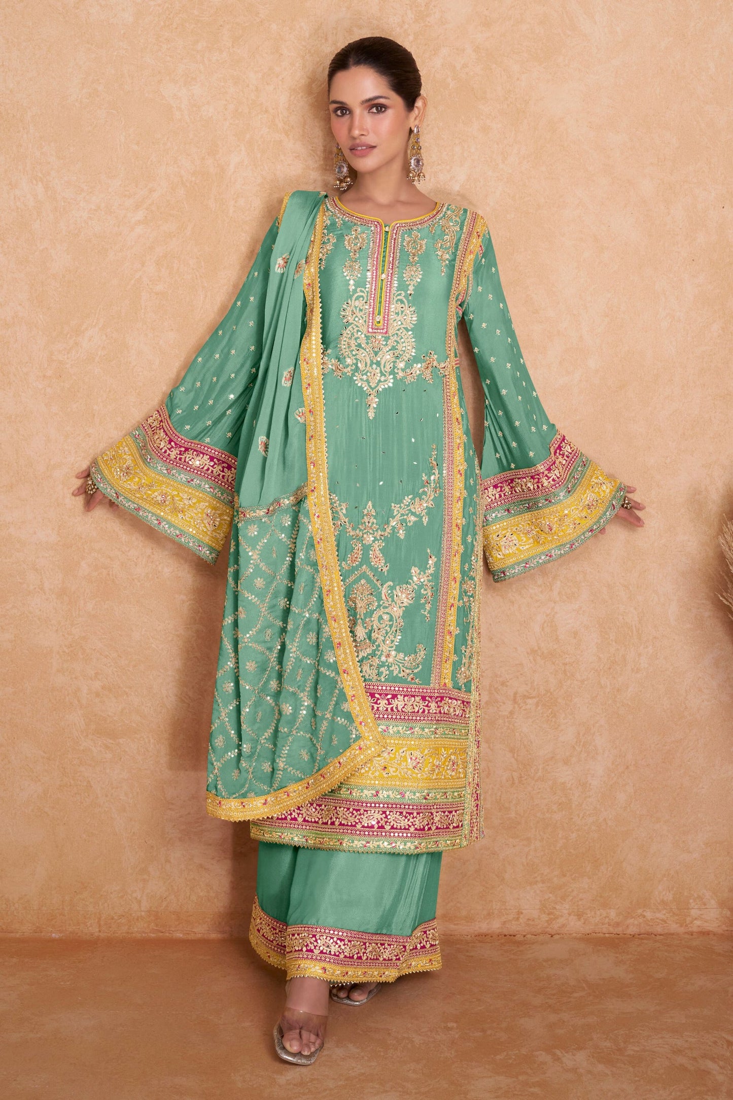Yellow Chinon Palazzo Suit