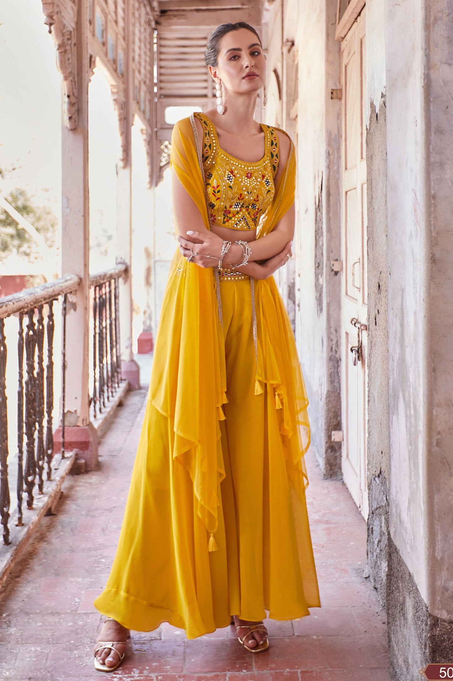 Yellow Georgette Plazzo Choli - Thread Embroidery Work, Hand Embellishment, Mirror Work