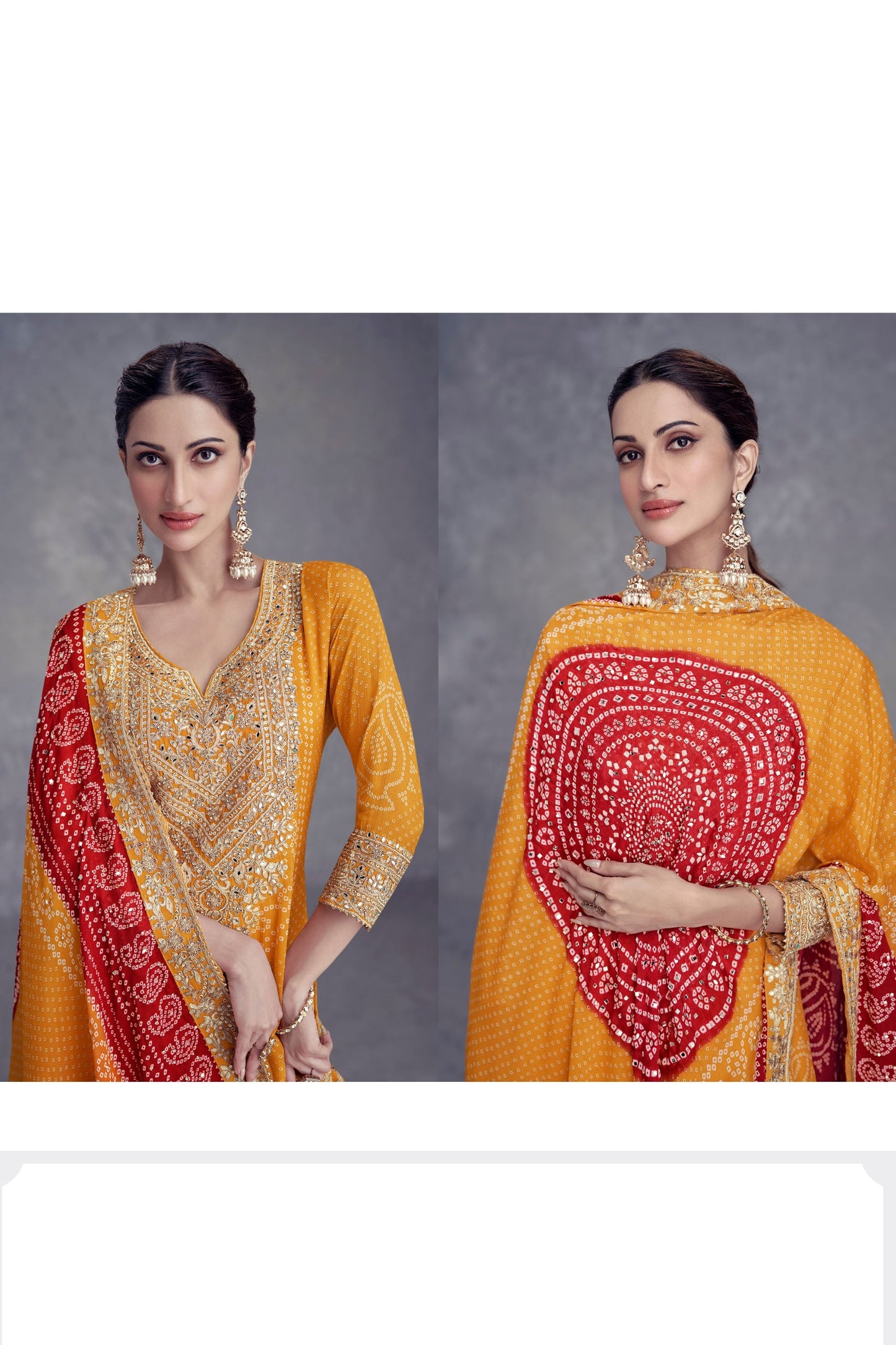 Yellow Chinon Silk Palazzo Suit  - Embroidery Work, Mirror Work, Print Work