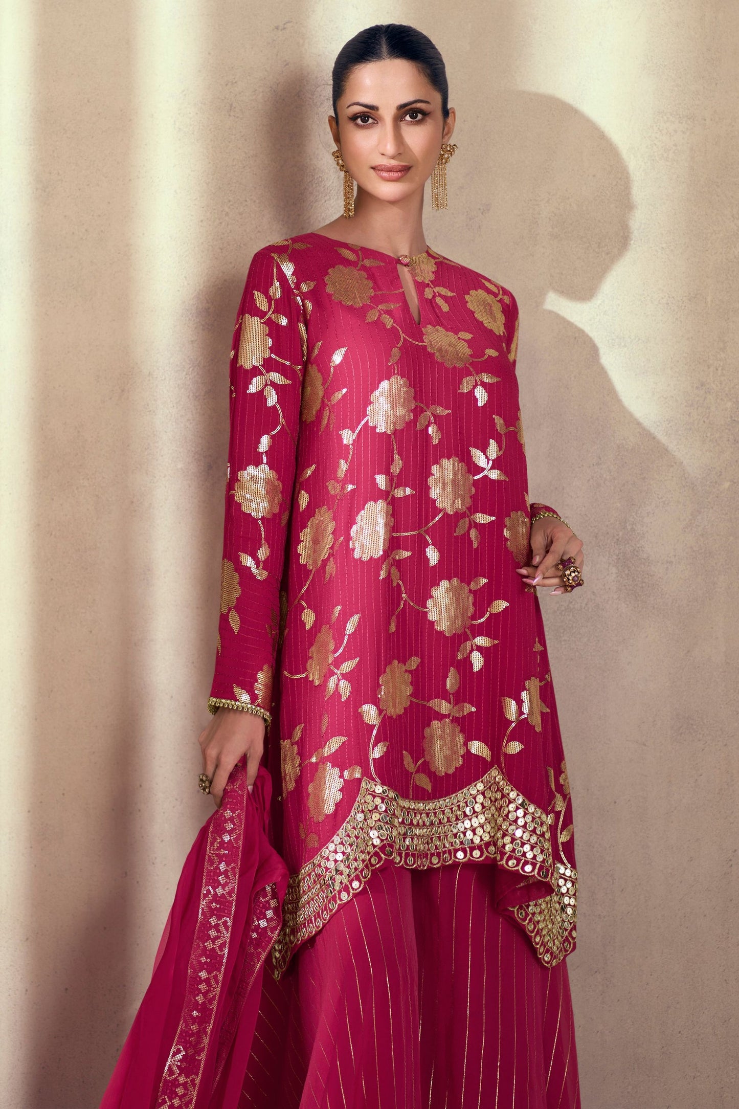 Dark Pink Georgette Plazzo With Kameez Suit