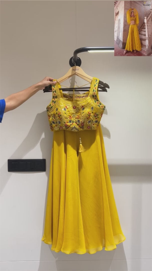 Yellow Georgette Plazzo Choli - Thread Embroidery Work, Hand Embellishment, Mirror Work