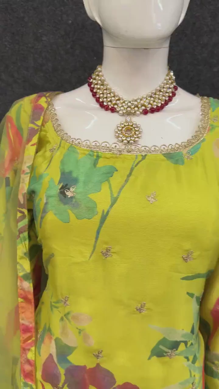 Green Chinon Silk Flower Printed Palazzo Suit - Print Work, Embroidery Work
