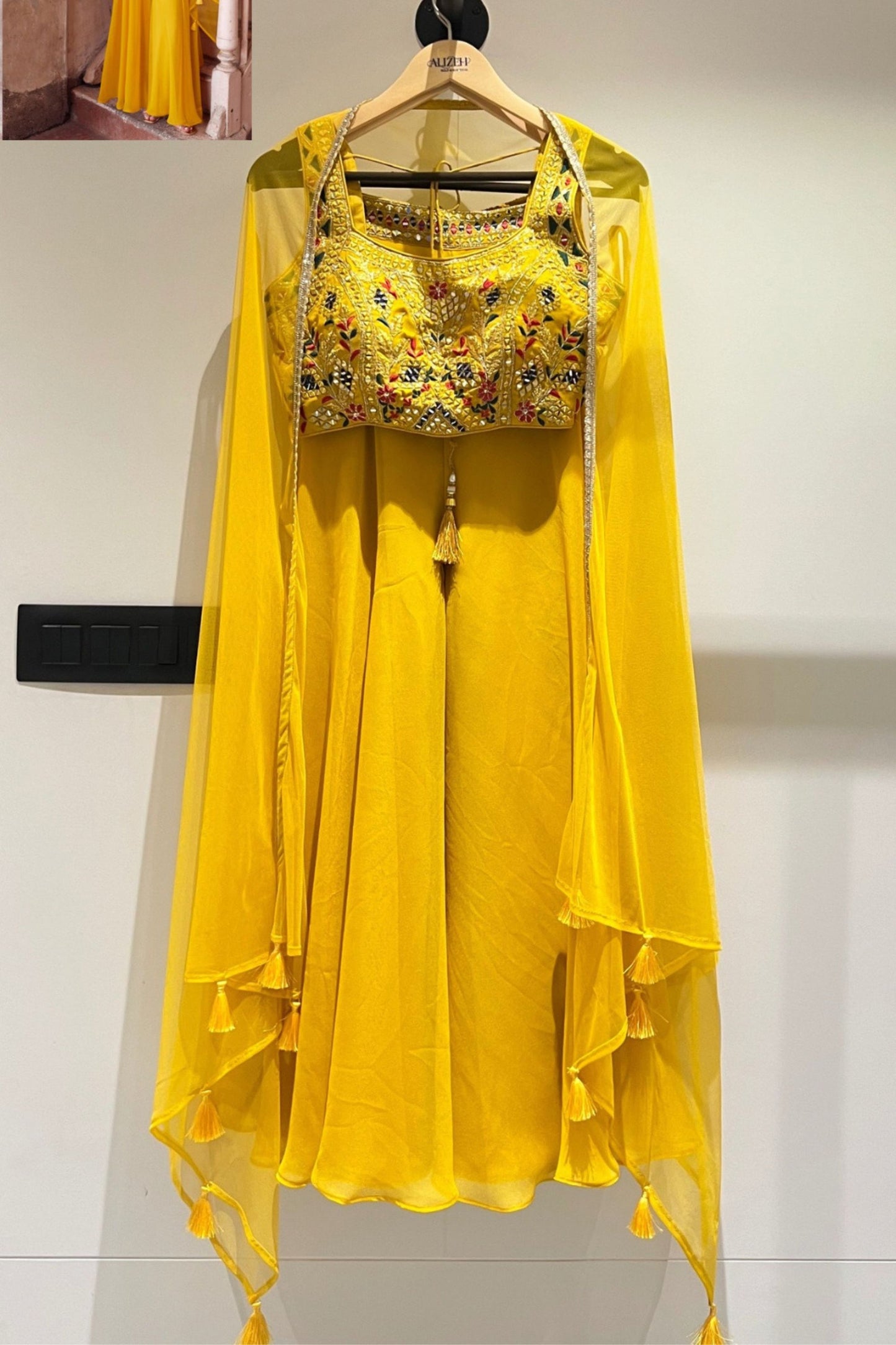 Yellow Georgette Plazzo Choli - Thread Embroidery Work, Hand Embellishment, Mirror Work