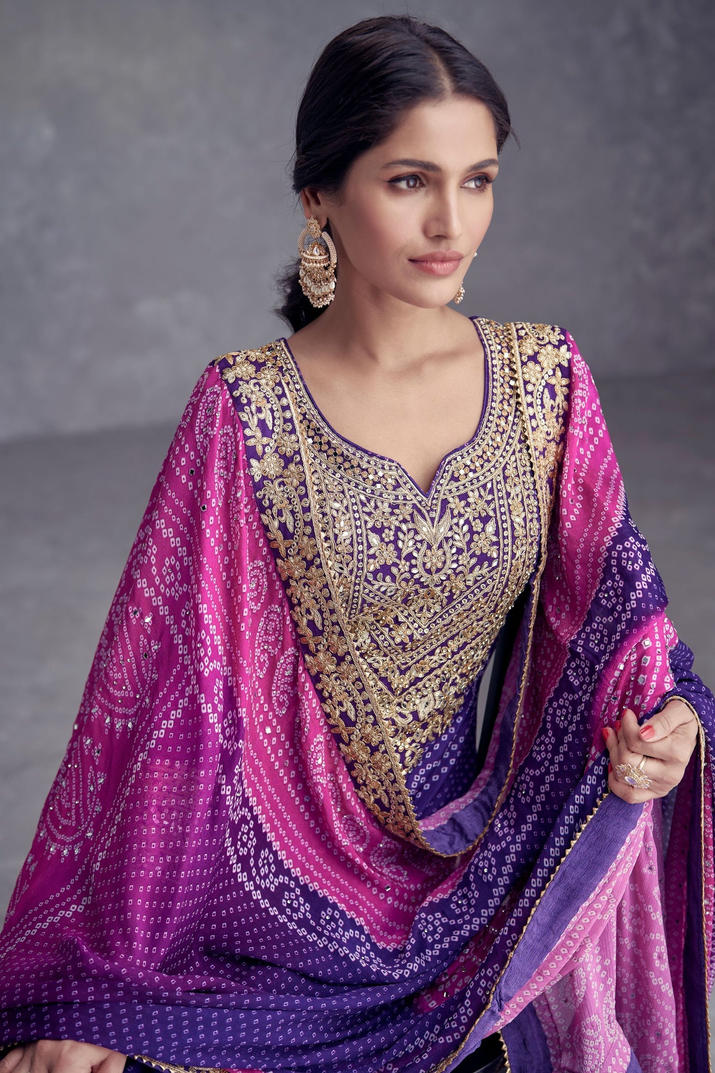 Blue Chinon Palazzo Suit - Embroidery Work, Mirror Work, Print Work