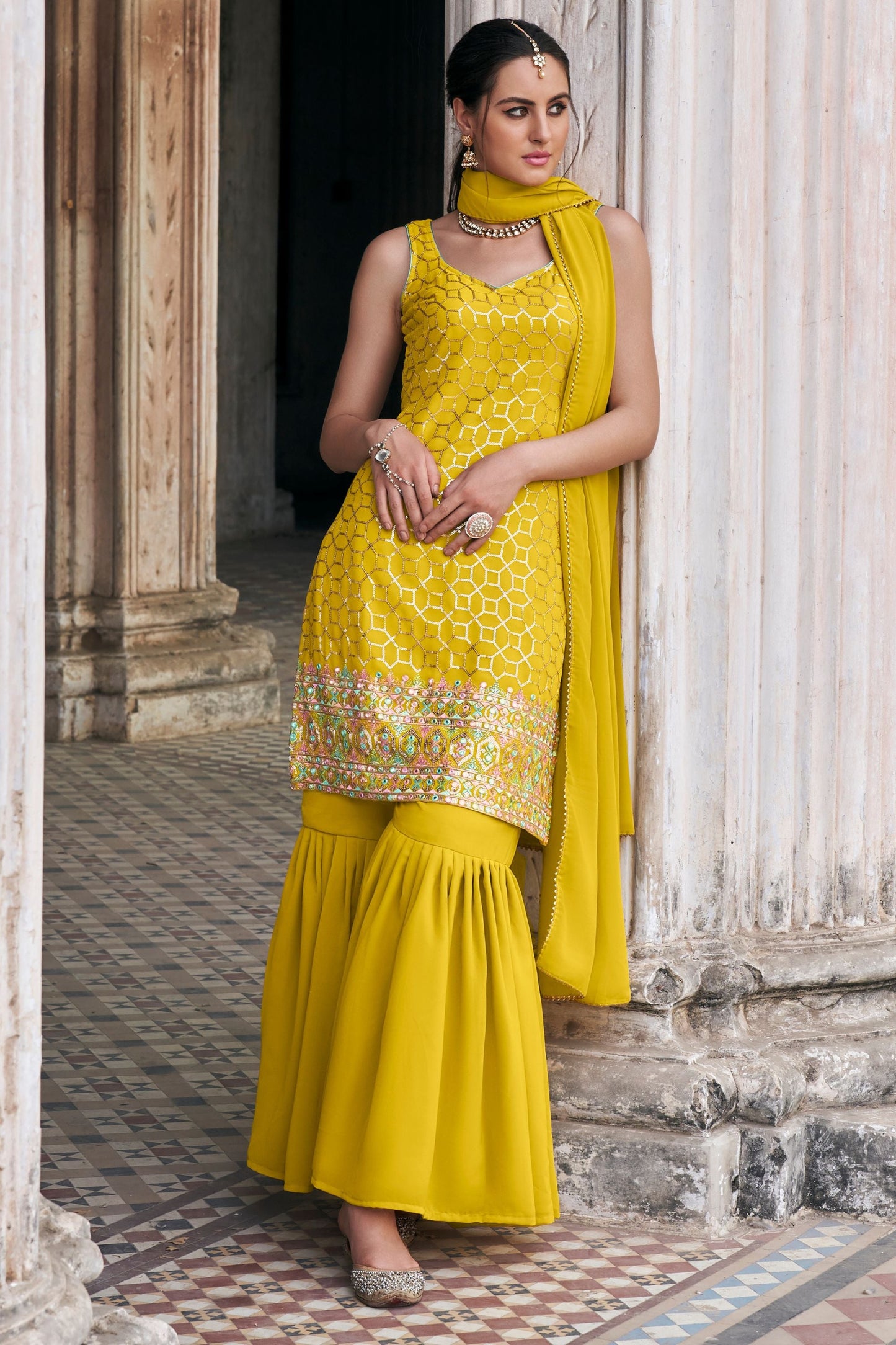 Yellow Georgette Sharara Suits