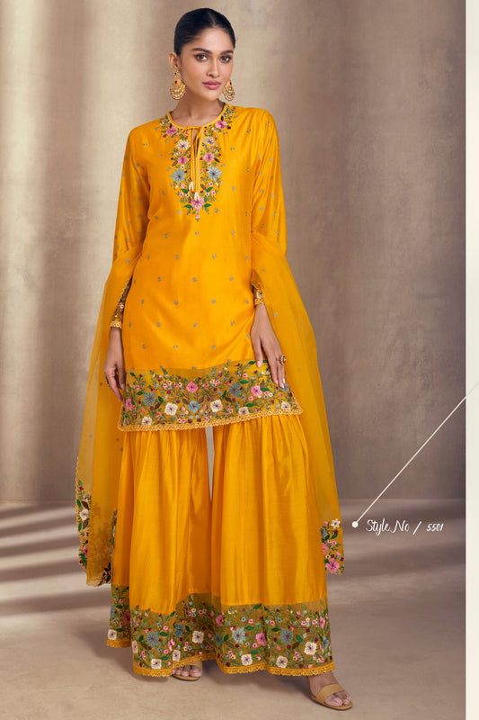 Yellow Real Silk Sharara Kameez Suit