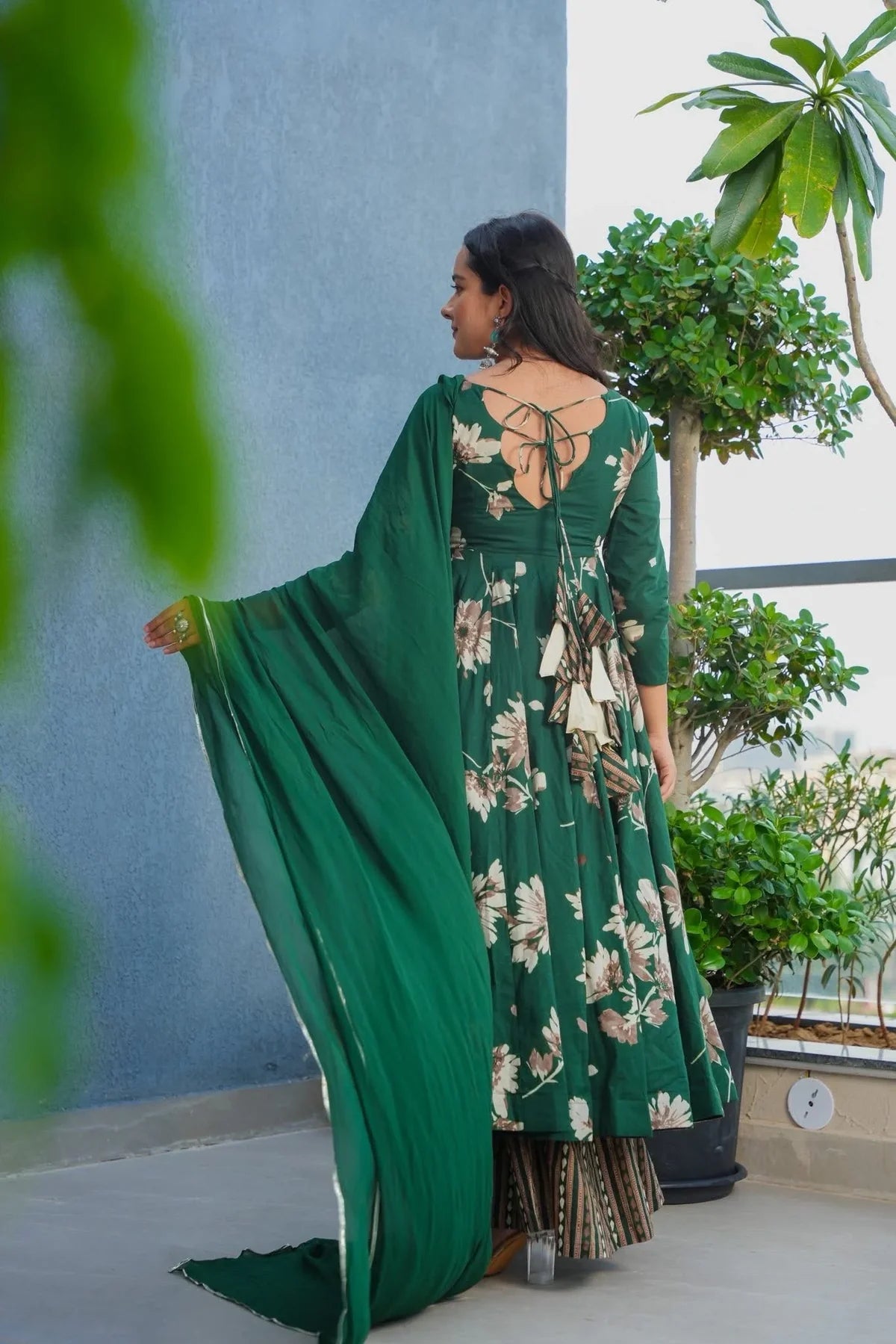 GULFETA GREEN COTTON ANARKALI SUIT SET