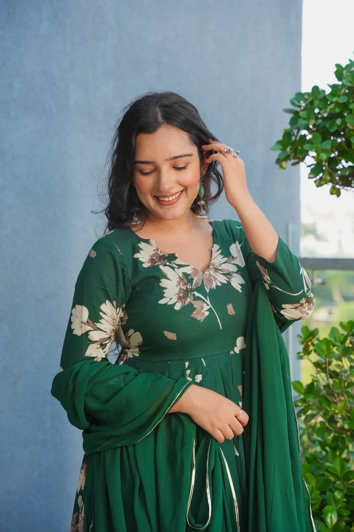 GULFETA GREEN COTTON ANARKALI SUIT SET