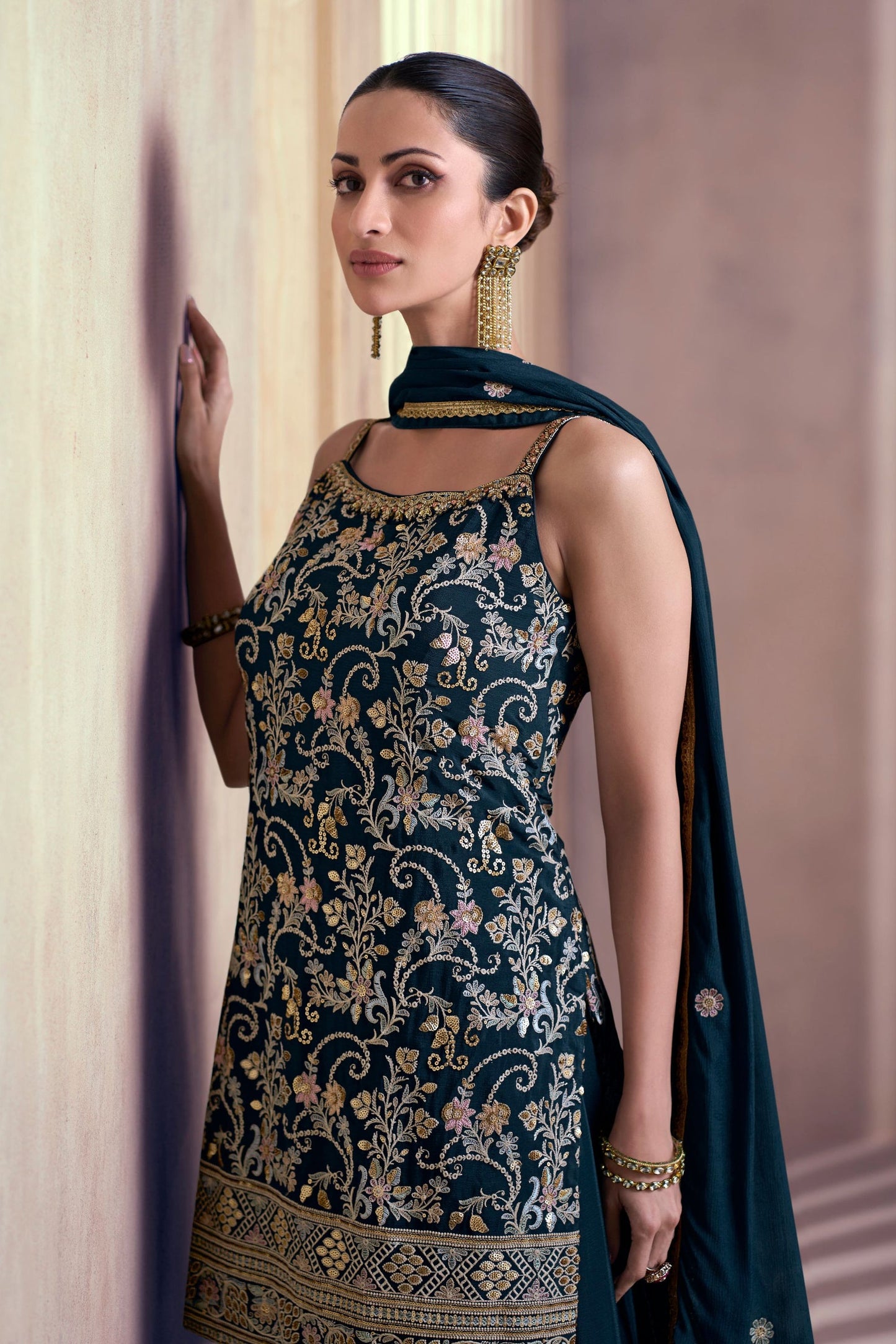 Navy Blue Chinon Silk Palazzo Suits
