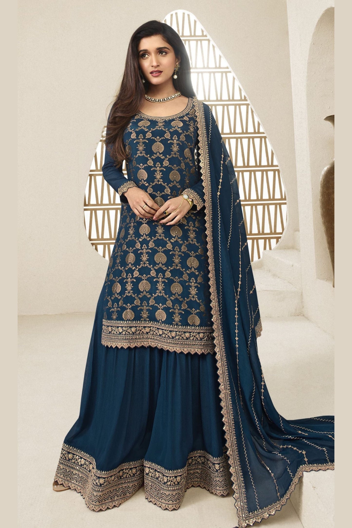 Teal Jacquard Silk Palazzo Suit