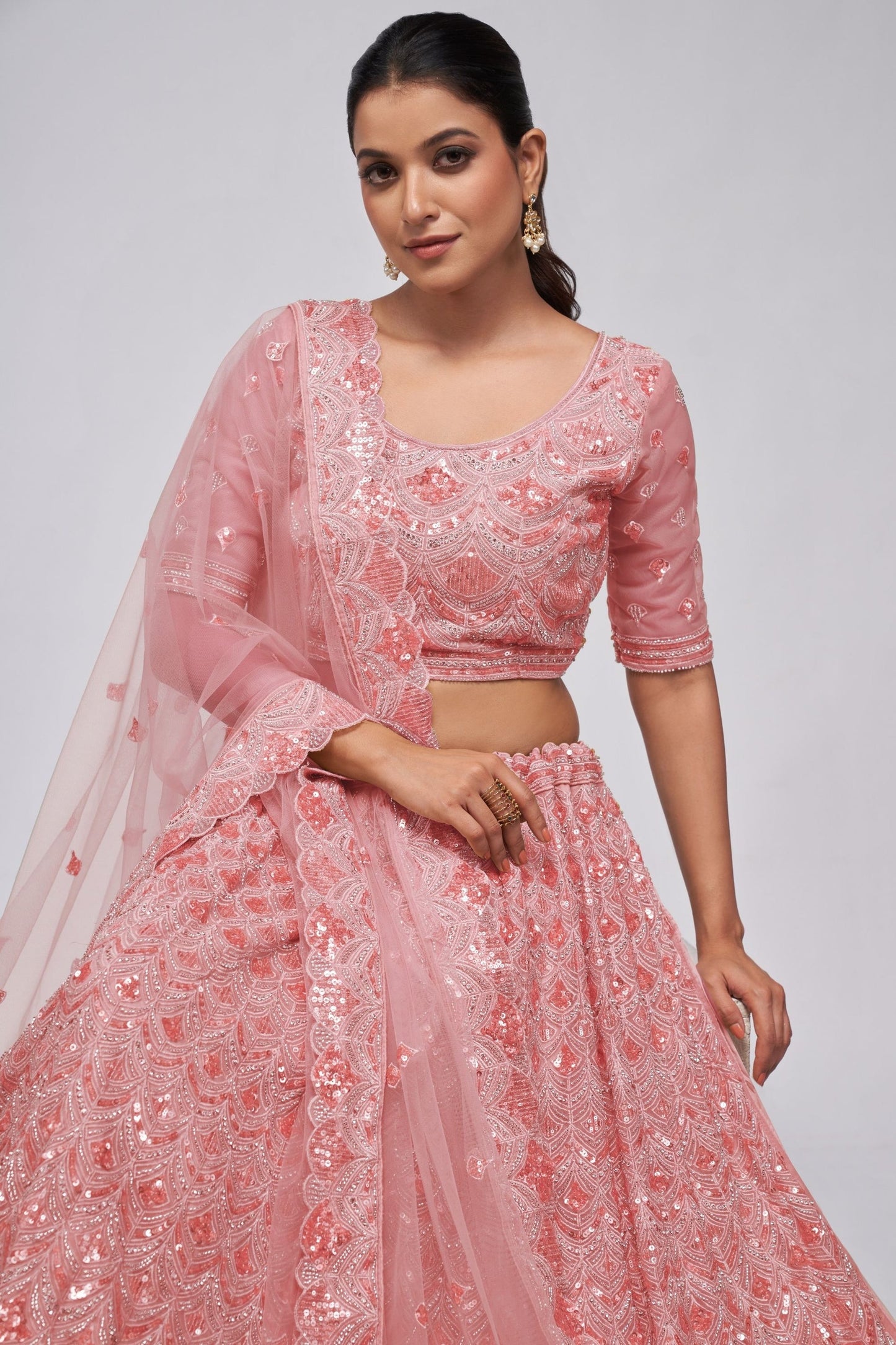 Odette Pink Net Lehenga Choli - Sequence Embroidery Work, Bead Work, Zarkan Work