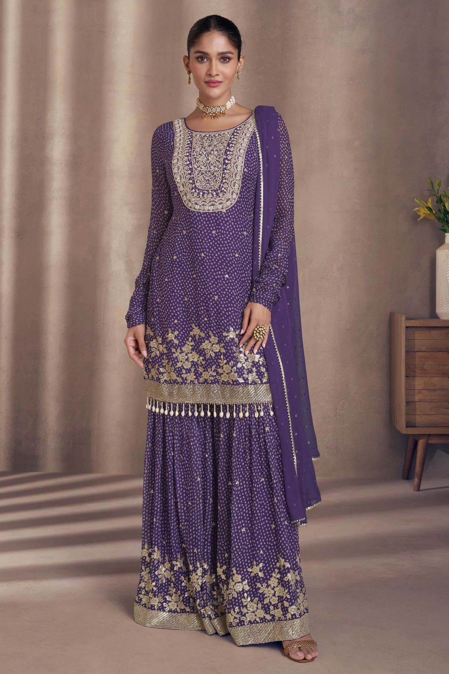 Purple Chinon Silk Sharara Suit