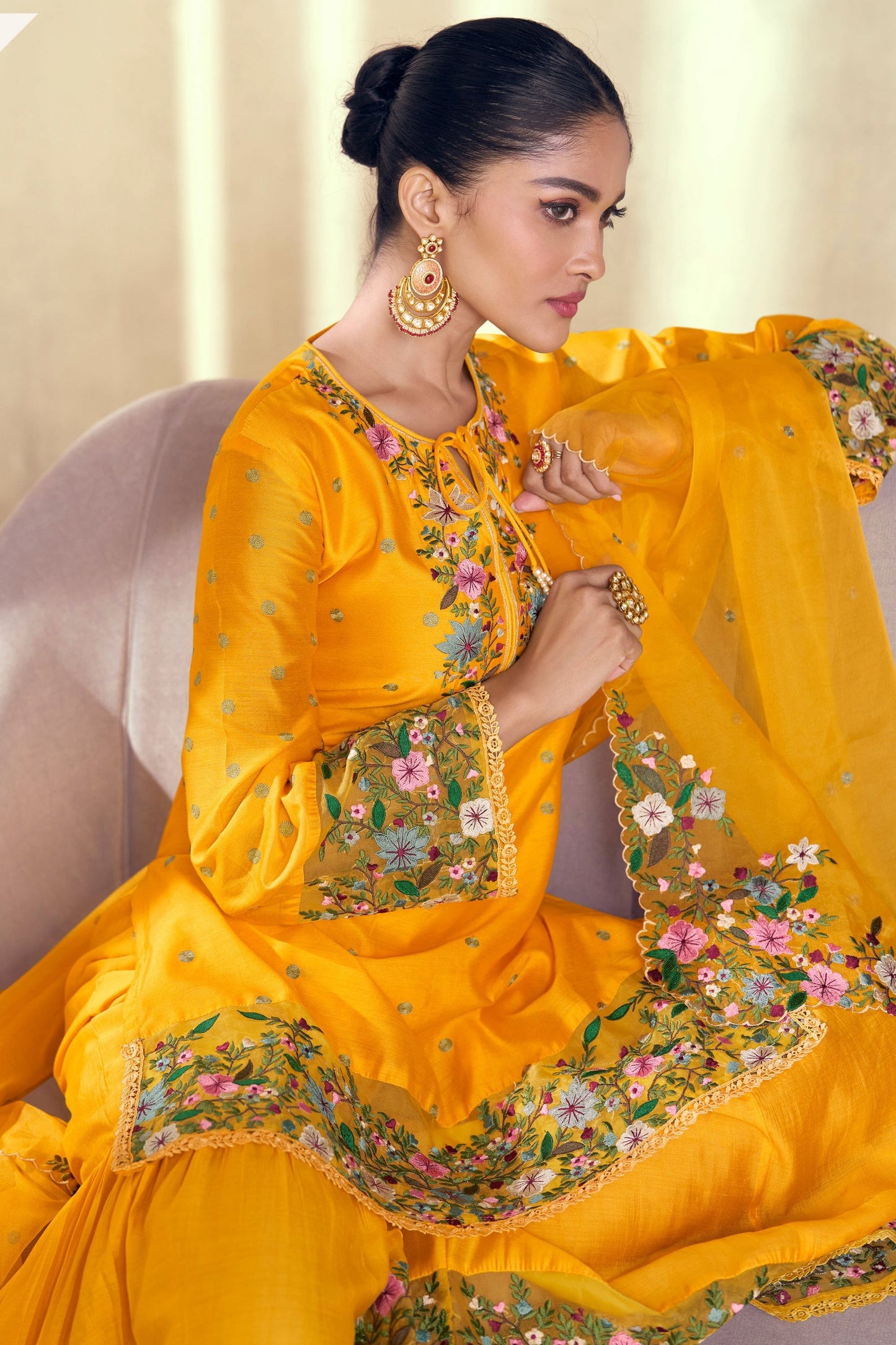 Yellow Real Silk Sharara Kameez Suit