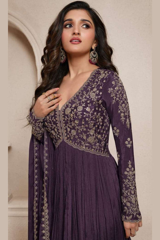 Wine Chinon Silk Anarkali Suit