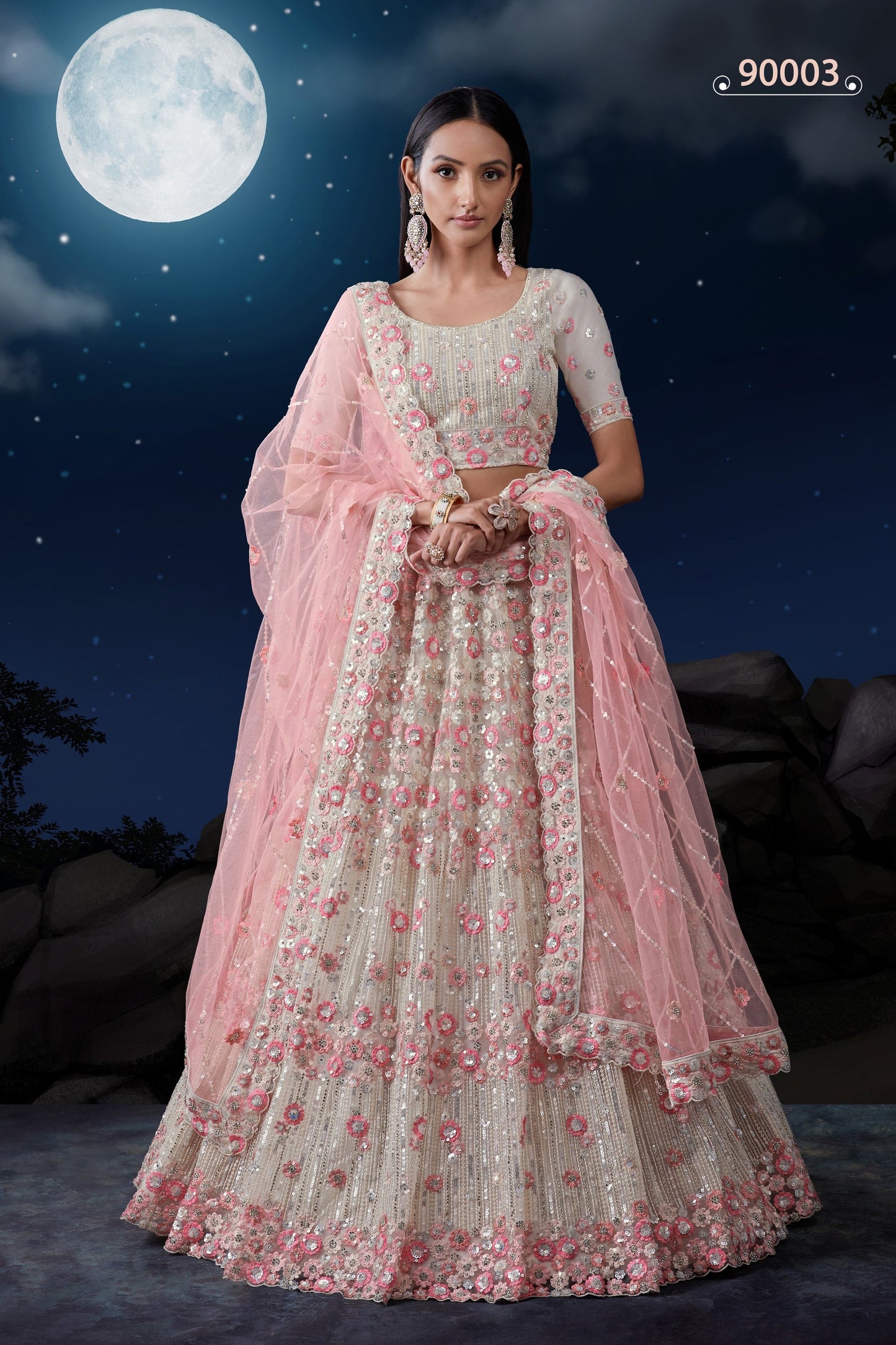 White Net Lehenga Choli - Sequence Embroidery Work, Zarkan Work, Thread Embroidery Work
