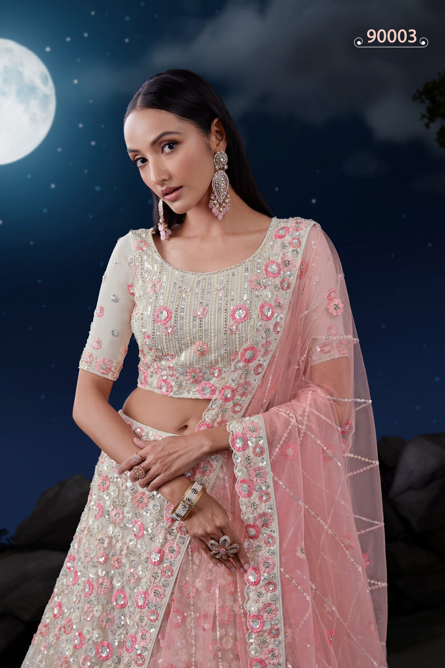 White Net Lehenga Choli - Sequence Embroidery Work, Zarkan Work, Thread Embroidery Work