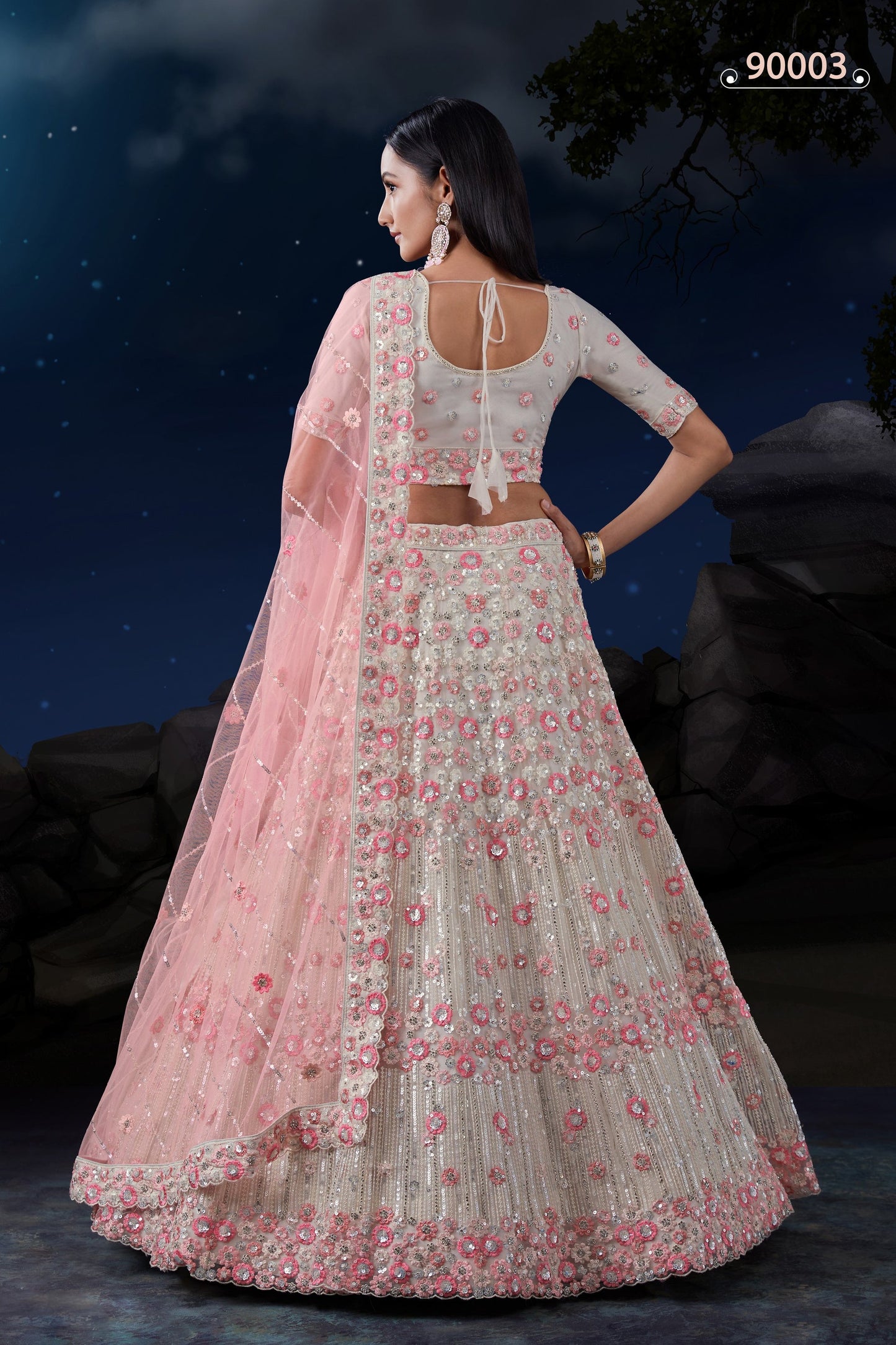 White Net Lehenga Choli - Sequence Embroidery Work, Zarkan Work, Thread Embroidery Work
