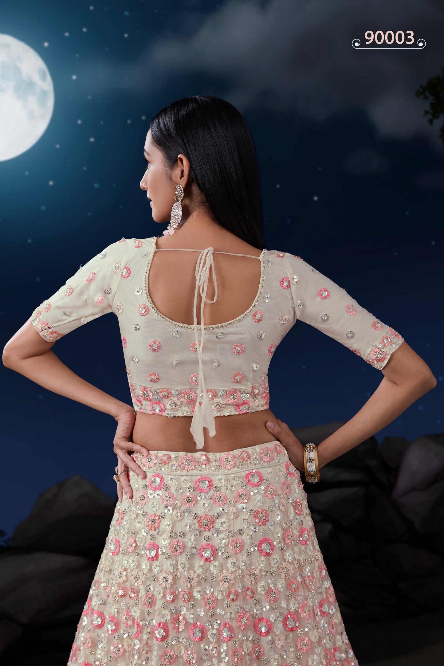 White Net Lehenga Choli - Sequence Embroidery Work, Zarkan Work, Thread Embroidery Work
