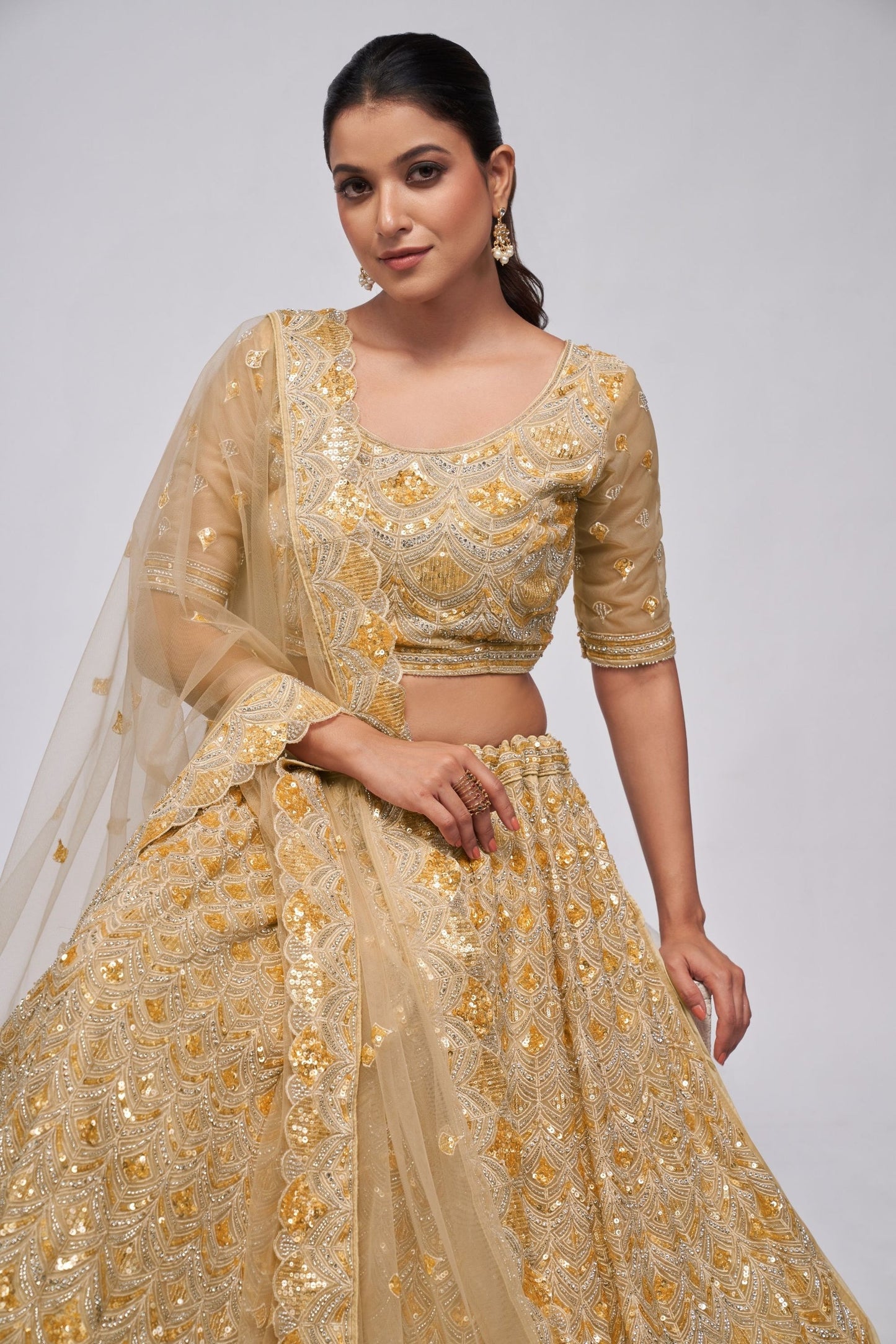 Gold Net Lehenga Choli - Sequence Embroidery Work, Bead Work, Zarkan Work