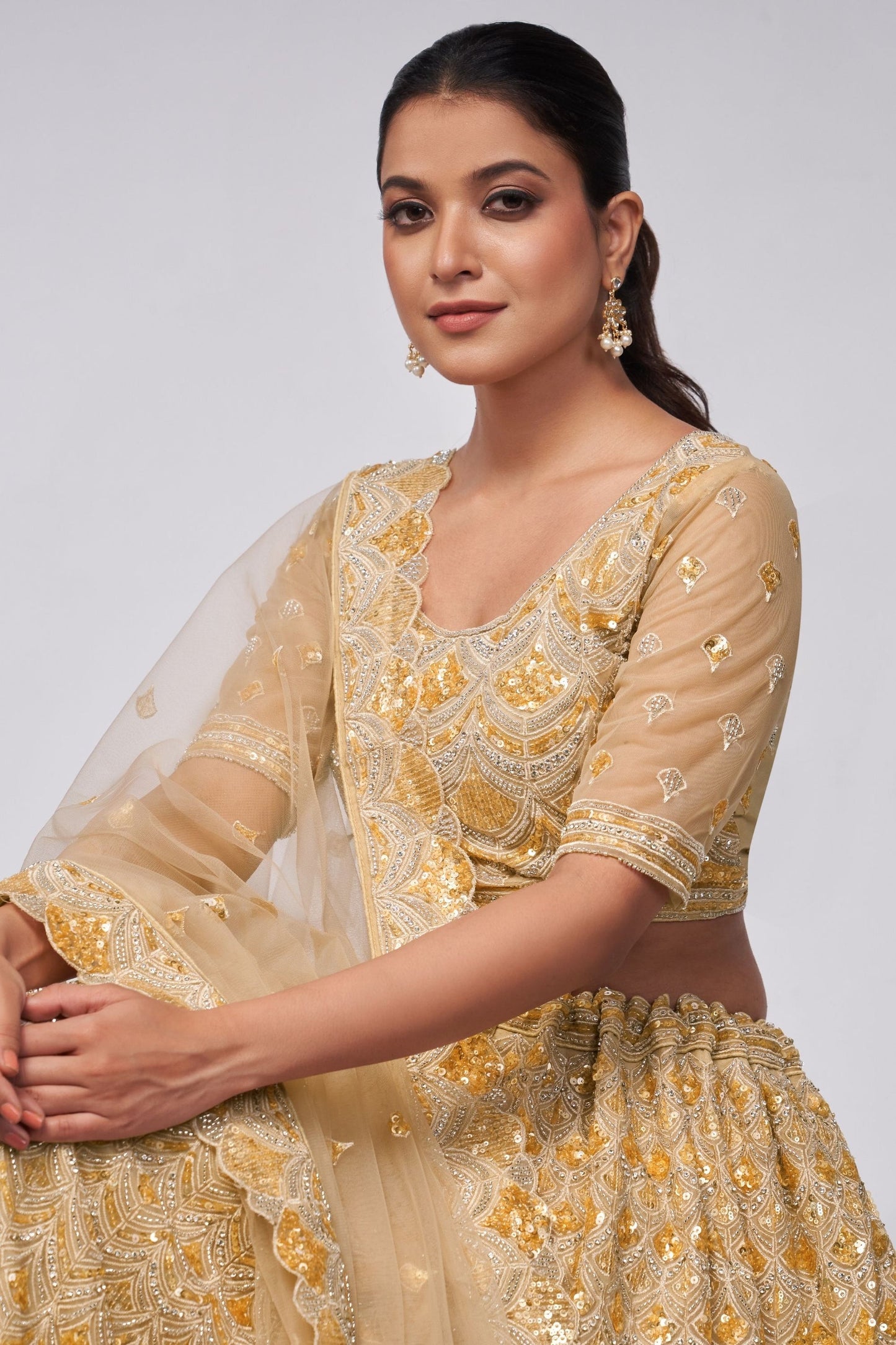 Gold Net Lehenga Choli - Sequence Embroidery Work, Bead Work, Zarkan Work