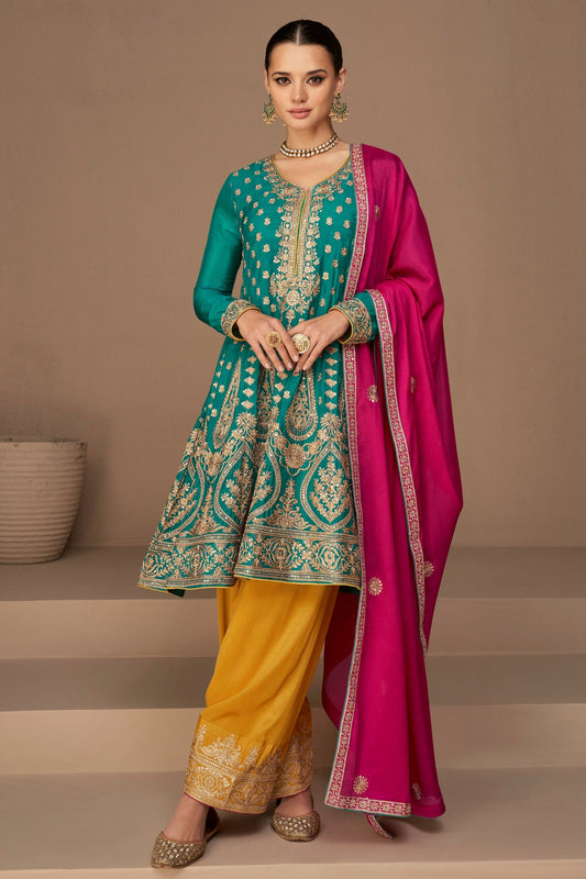 Teal Chinon Silk salwar Suit