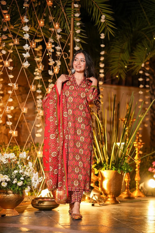 CARMINE PRINTED COTTON KURTA SET