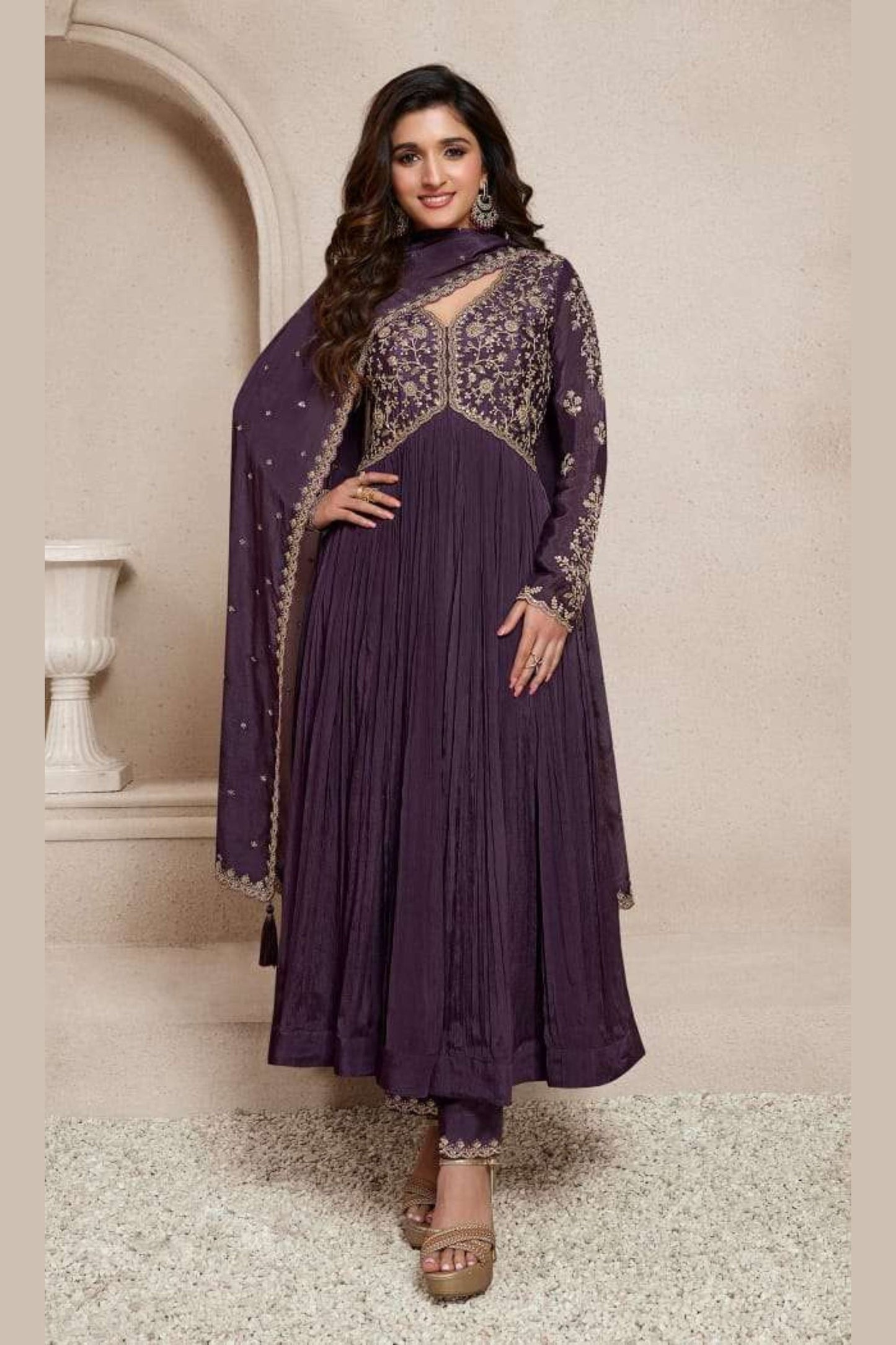 Wine Chinon Silk Anarkali Suit