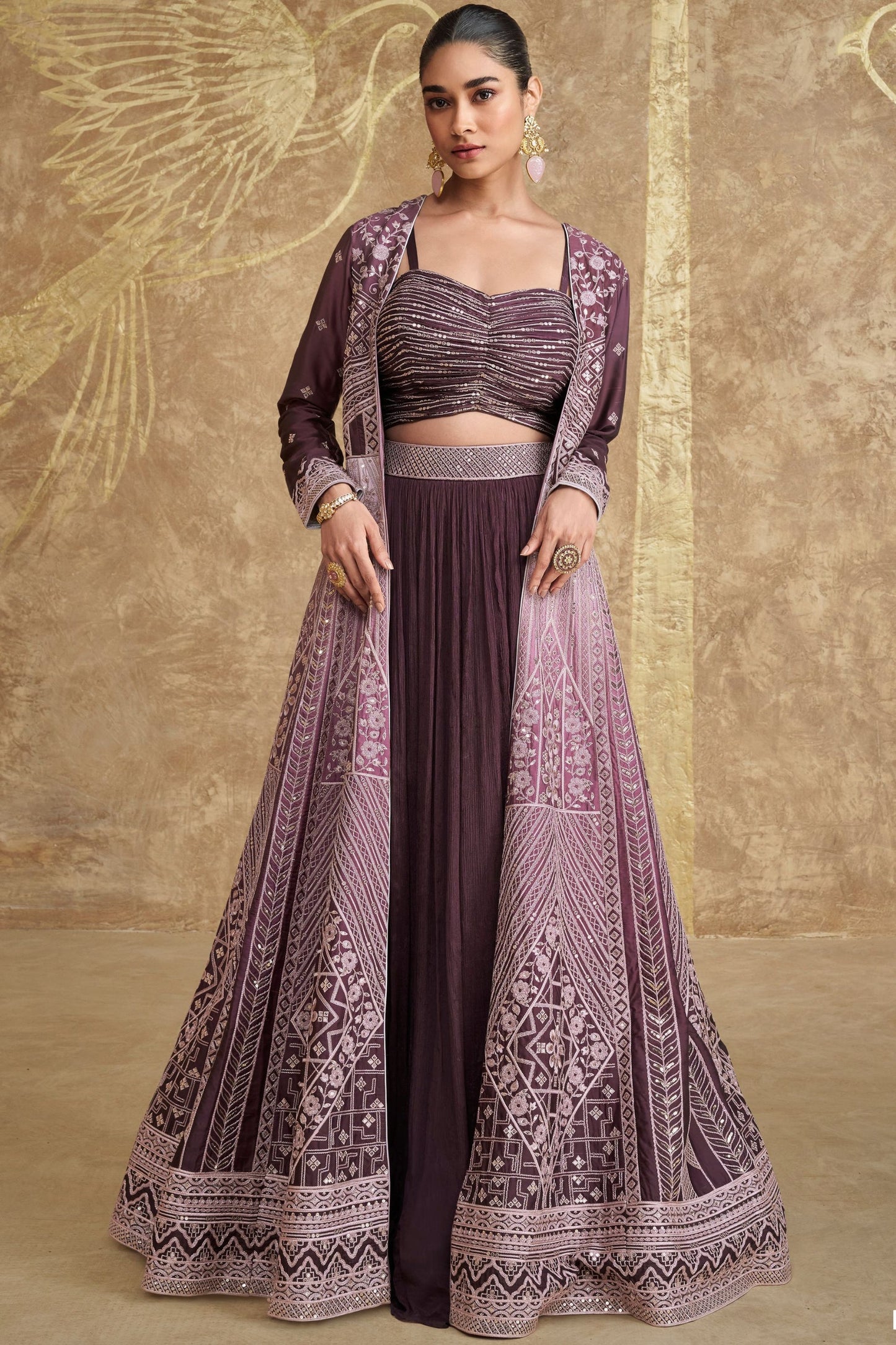 Dark Purple Chinon Silk Lehenga Choli with Jacket - Embroidery Work