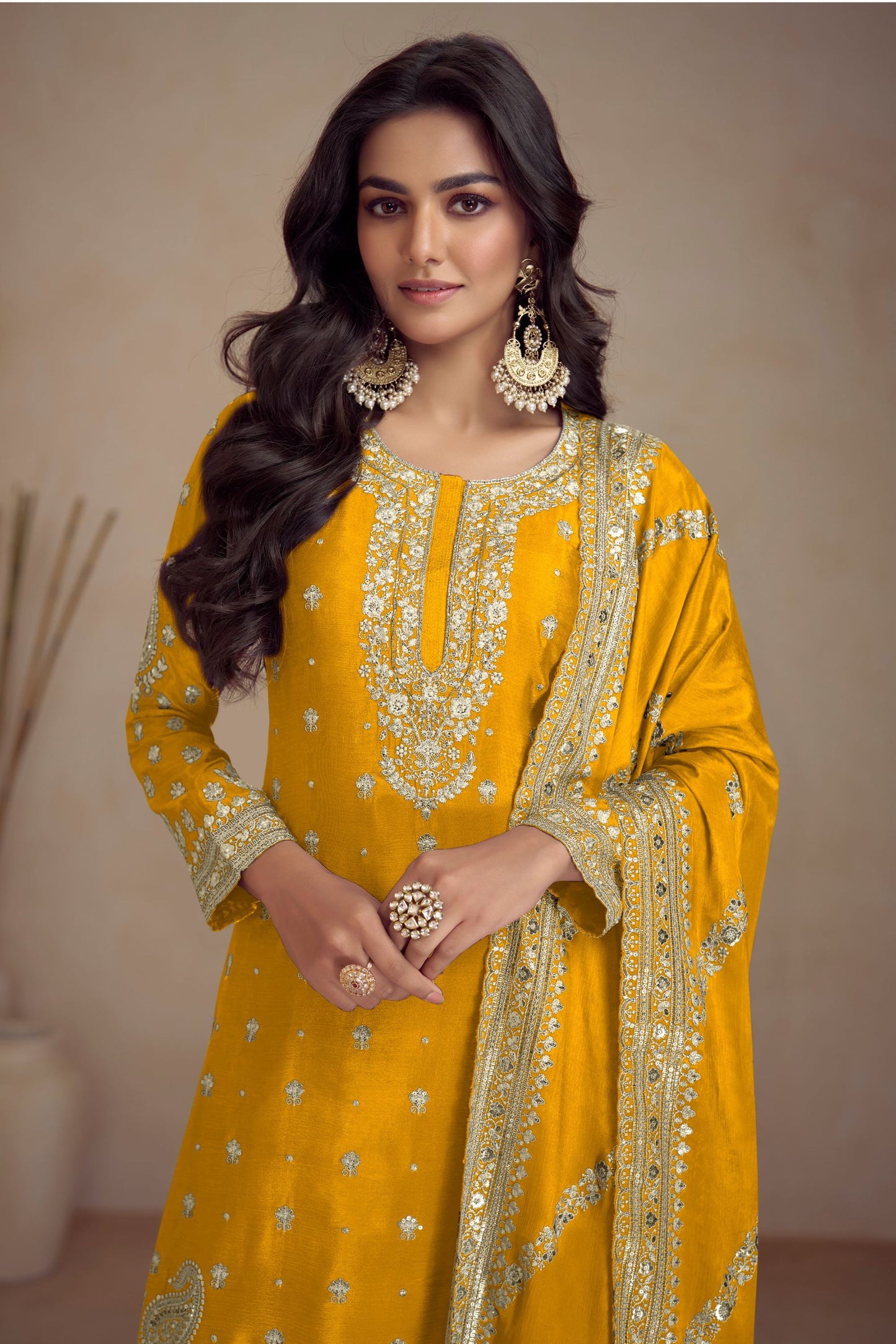 Yellow Chinon Silk Palazzo Suit