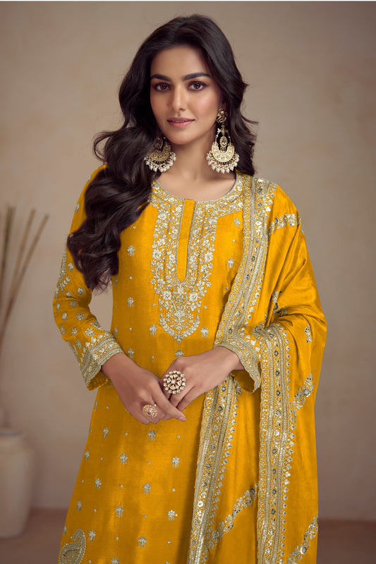 Yellow Chinon Silk Palazzo Suit