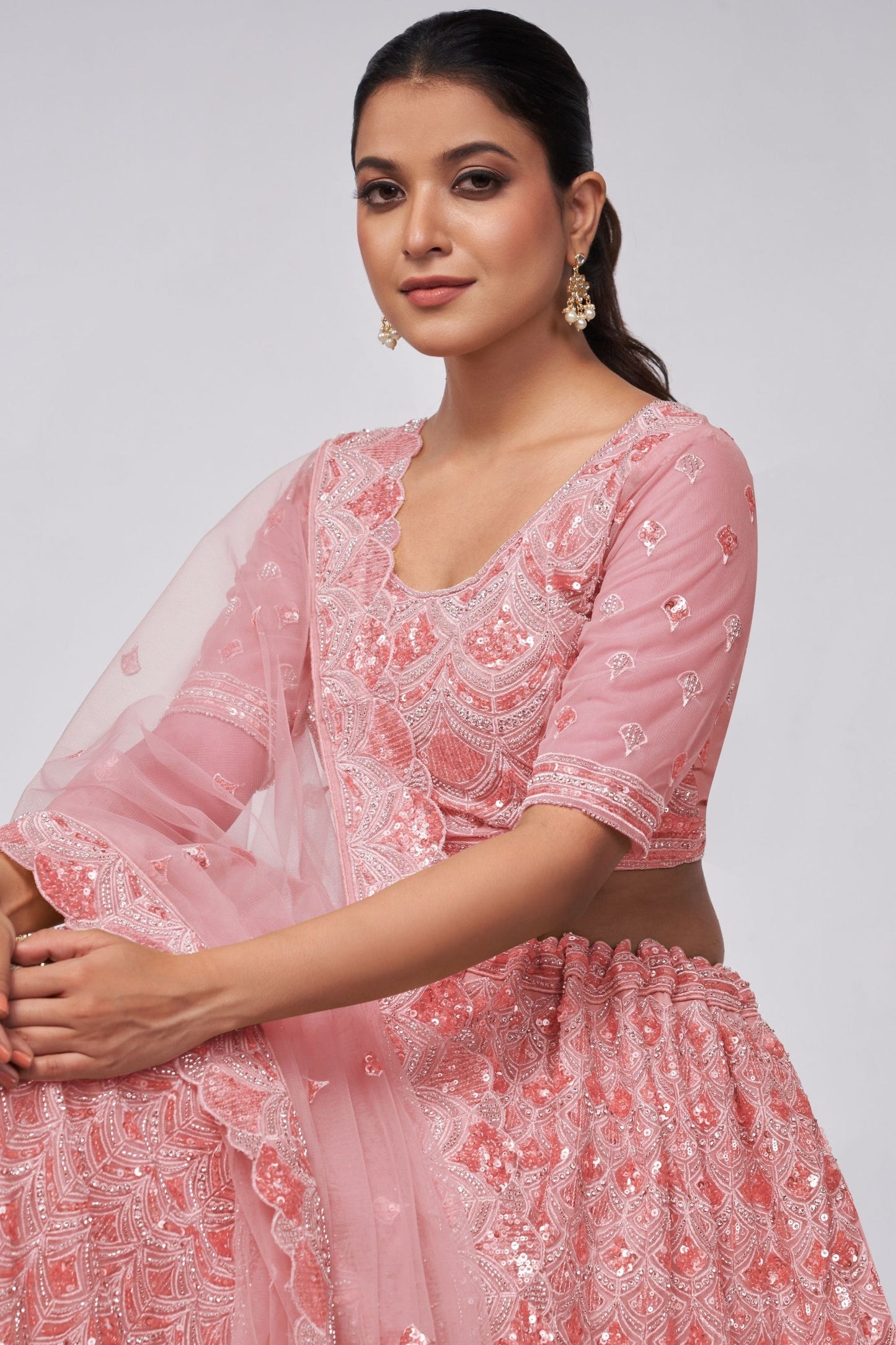 Odette Pink Net Lehenga Choli - Sequence Embroidery Work, Bead Work, Zarkan Work