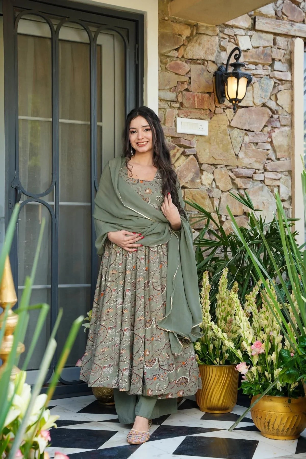 BISHARA SAGE RAYON ANARKALI SUIT SET