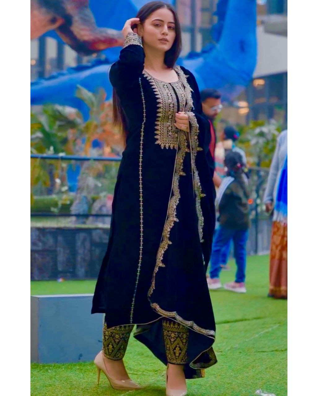 Black Micro Velvet Embroidery Work Suit With Georgette Dupatta
