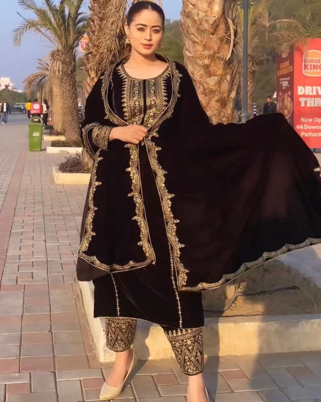 Black Micro Velvet Embroidery Work Suit With Georgette Dupatta