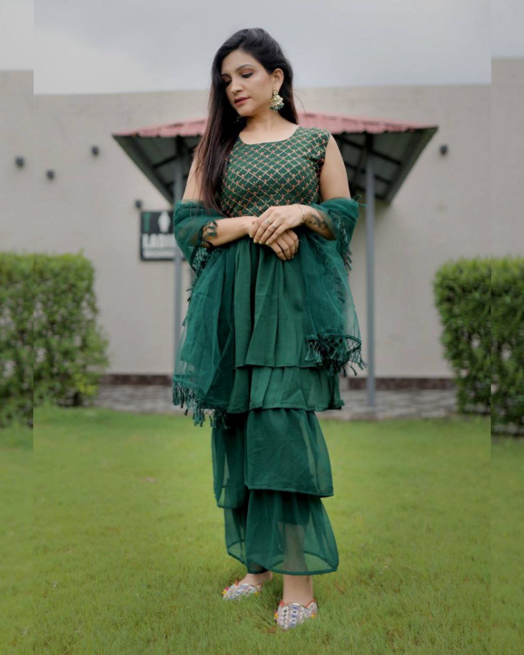 Green Heavy Georgette  Sharara Suit With Dupatta