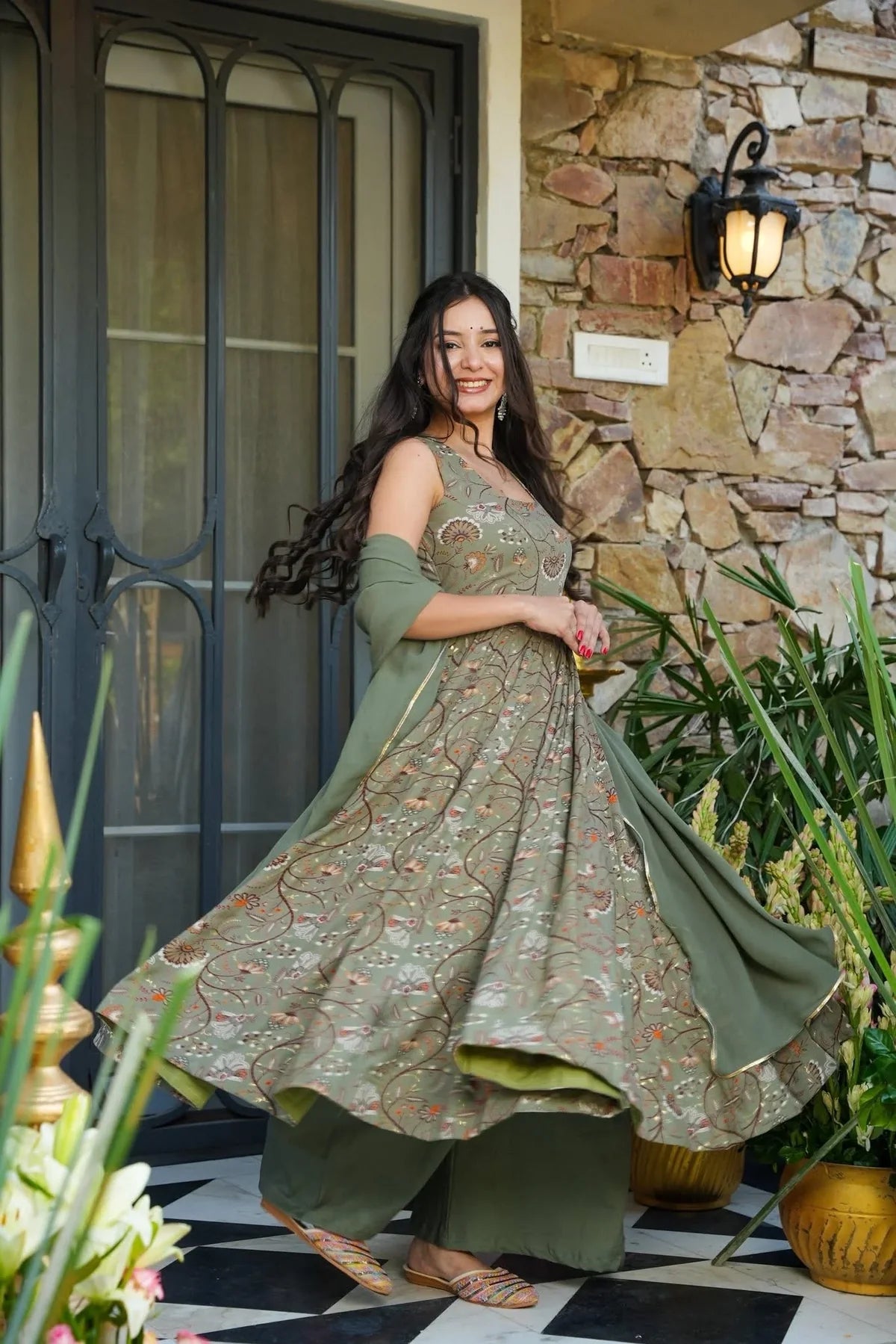 BISHARA SAGE RAYON ANARKALI SUIT SET