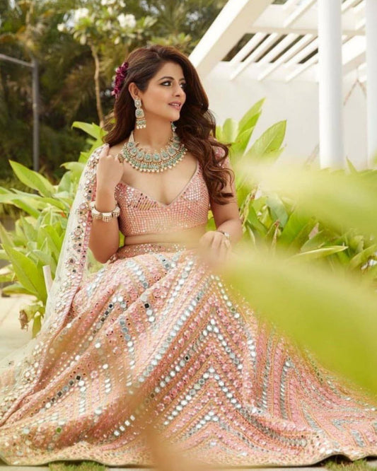 Rose Gold Tapeta Silk Mirror Work Lehenga Choli With Net Dupatta