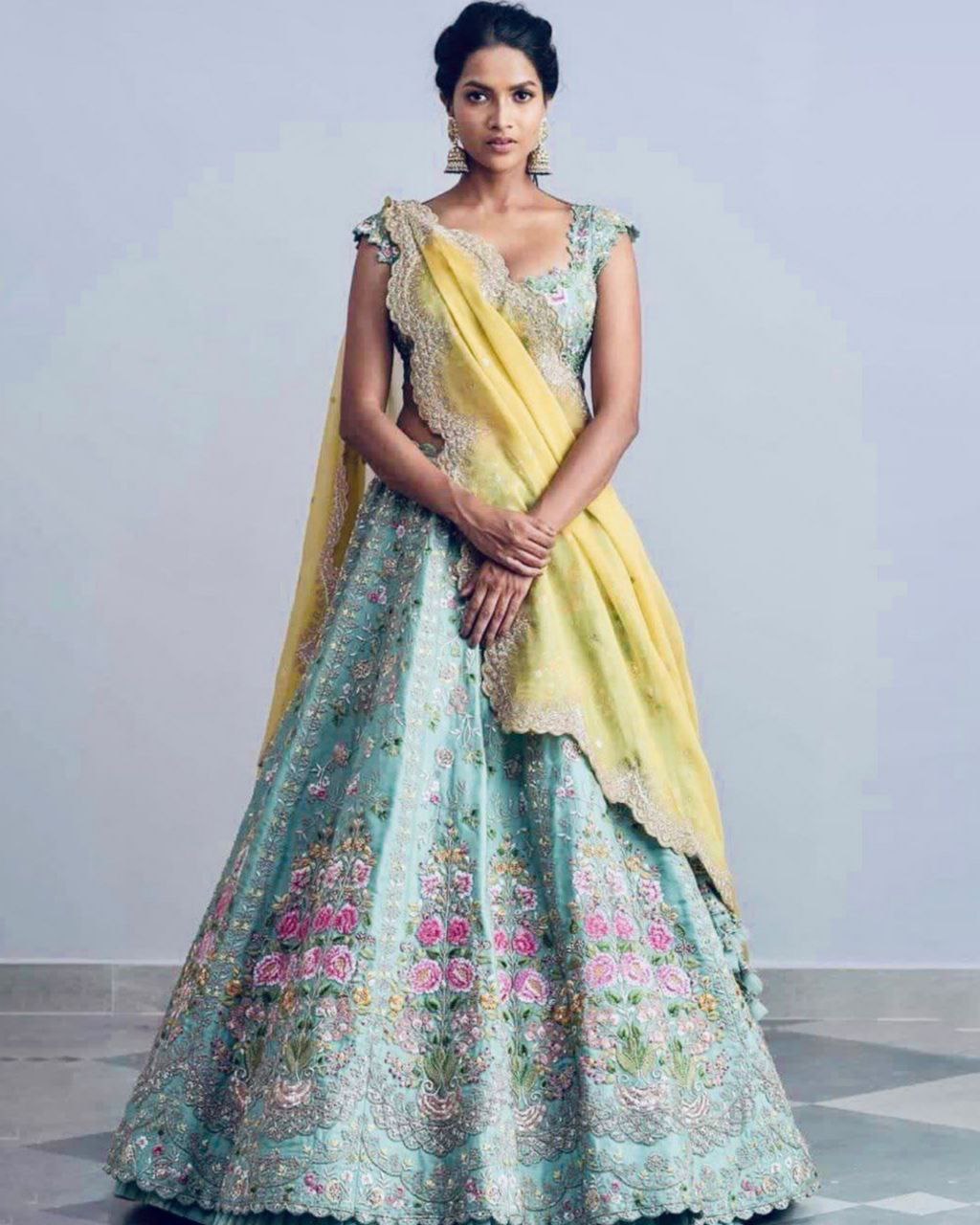 Yellow Taffeta Silk Flower Embroidery Work Lehenga Choli With Pink Dupatta