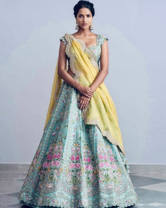Yellow Taffeta Silk Flower Embroidery Work Lehenga Choli With Pink Dupatta