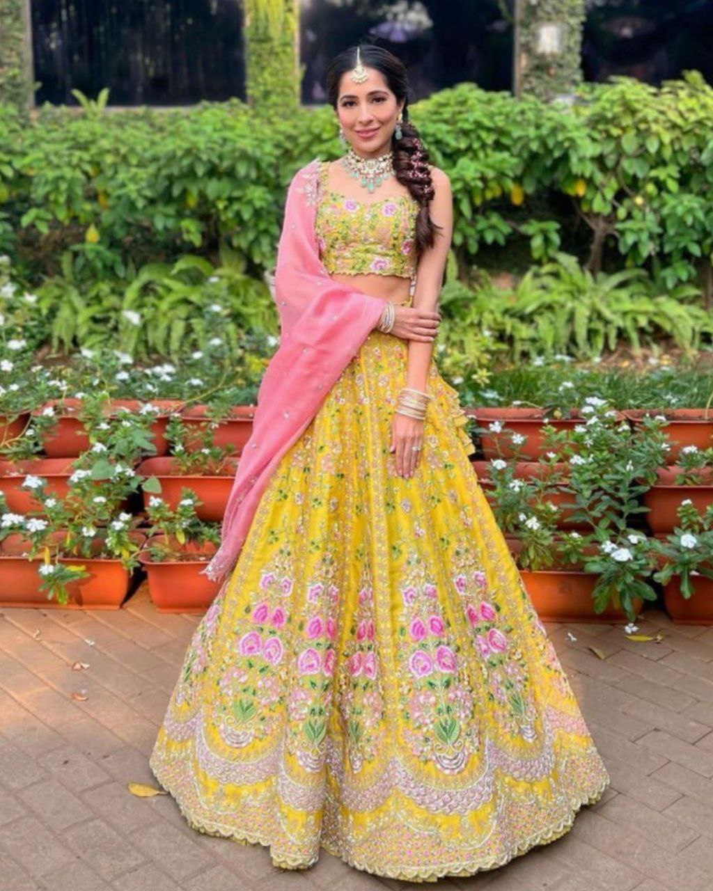 Yellow Taffeta Silk Flower Embroidery Work Lehenga Choli With Pink Dupatta