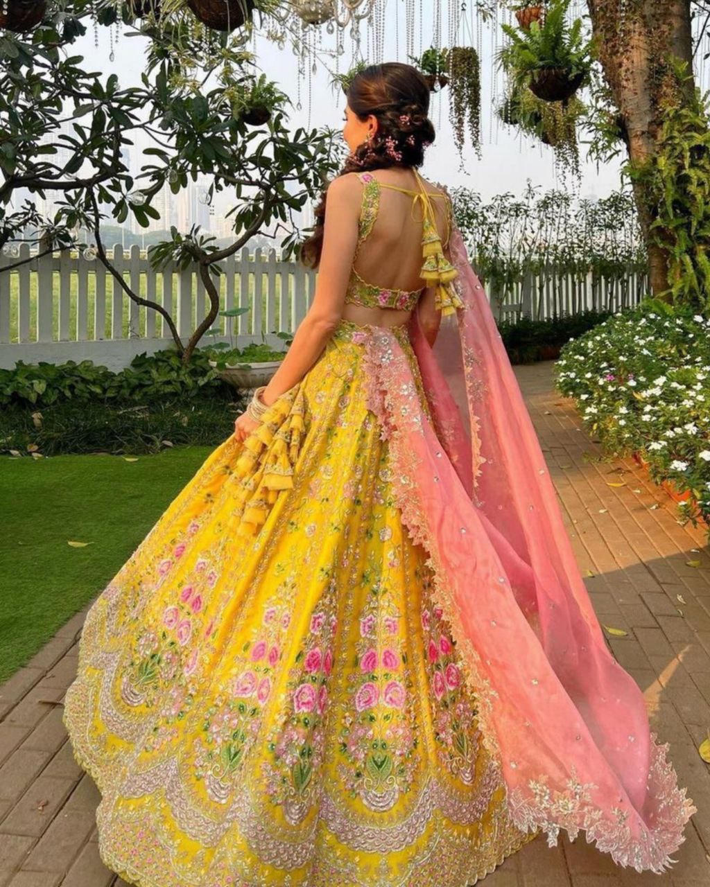 Yellow Taffeta Silk Flower Embroidery Work Lehenga Choli With Pink Dupatta