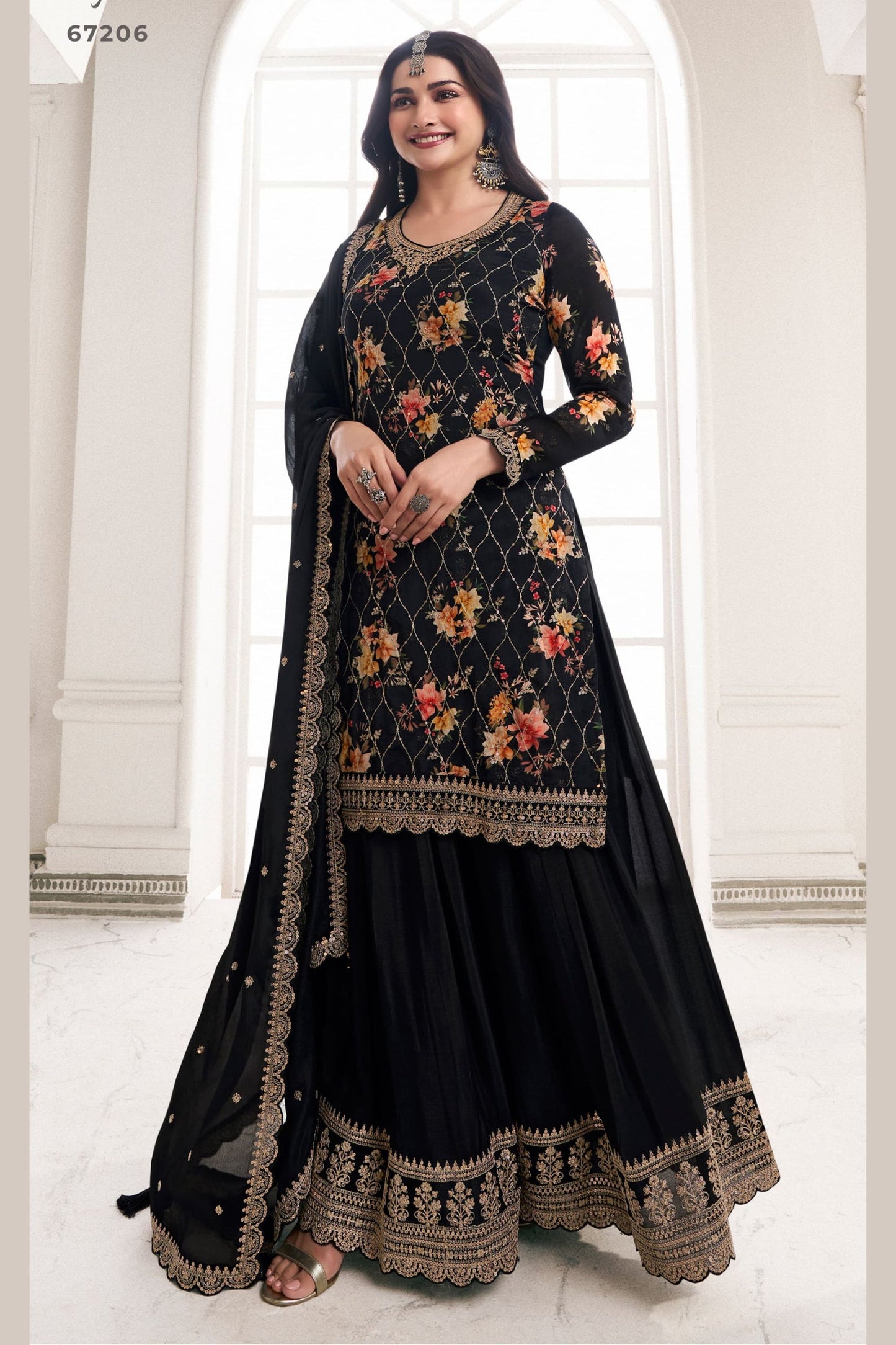 Black Chinon Silk - Embroidery Work, Print Work