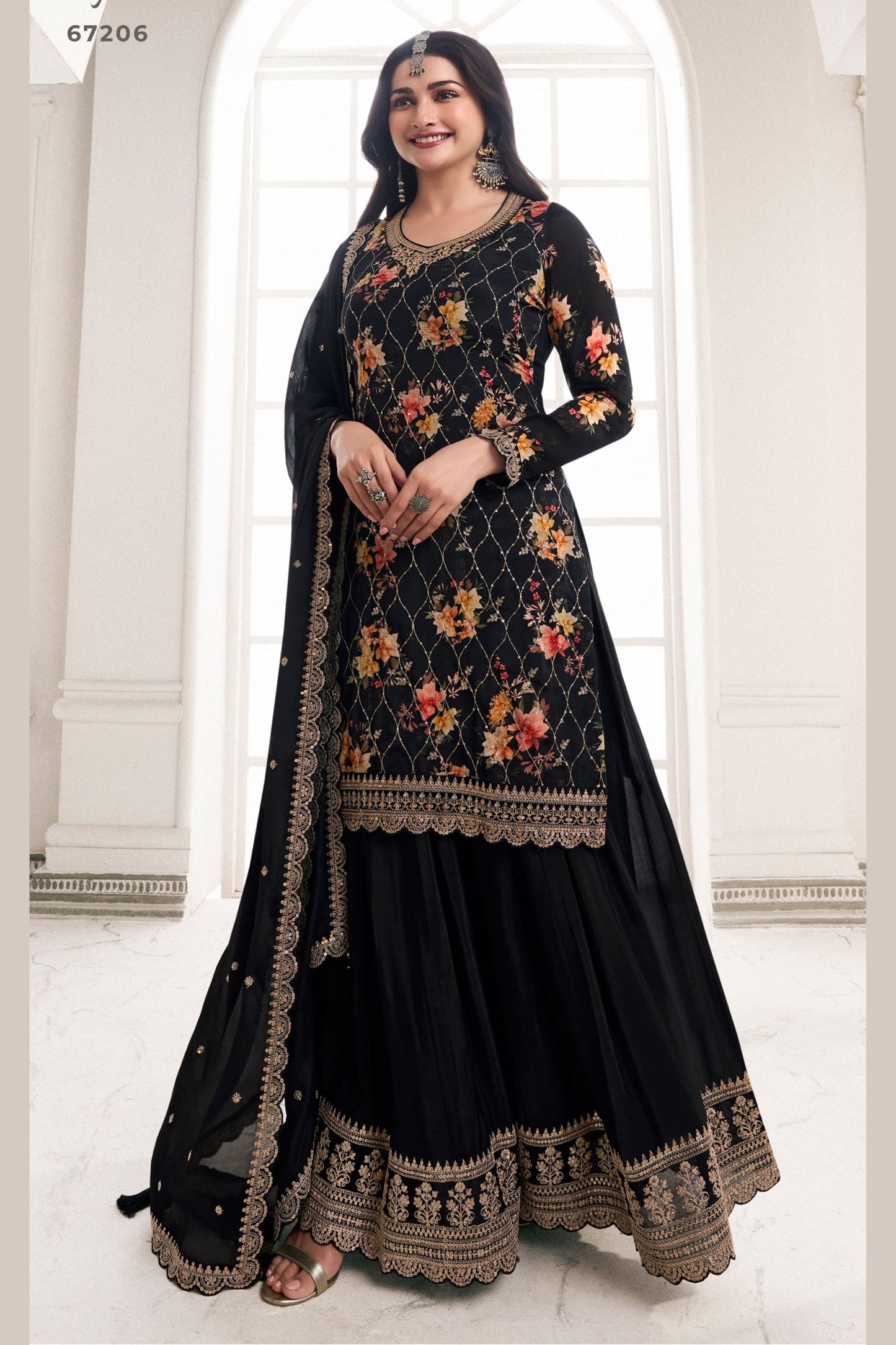 Black Chinon Silk - Embroidery Work, Print Work
